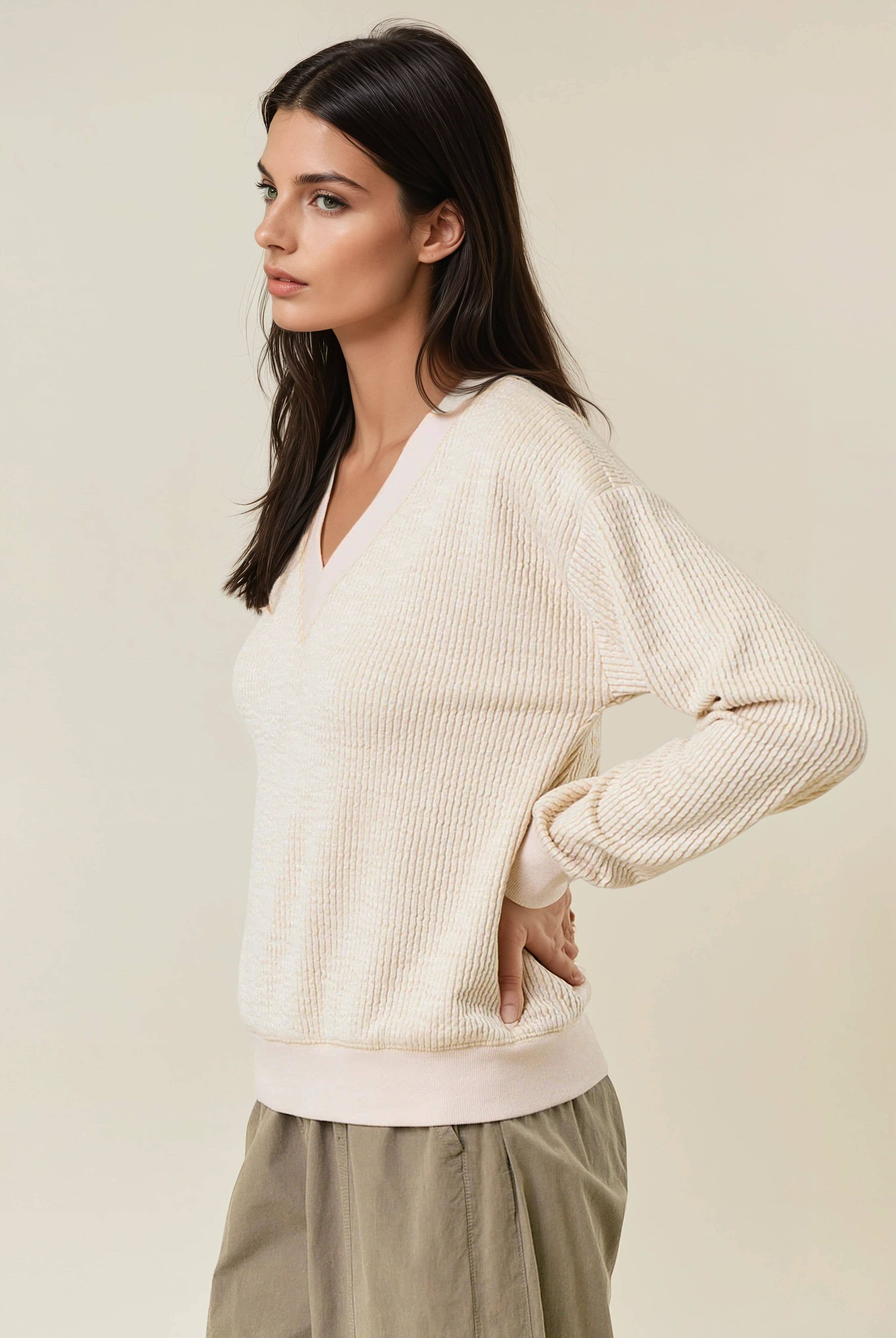 FINAL SALE Oversized Vertical Stripe Two-Tone Ribbed Top - Olive-110 Long Sleeve Top-Doe and Rae-The Lovely Closet, Women's Fashion Boutique in Alexandria, KY