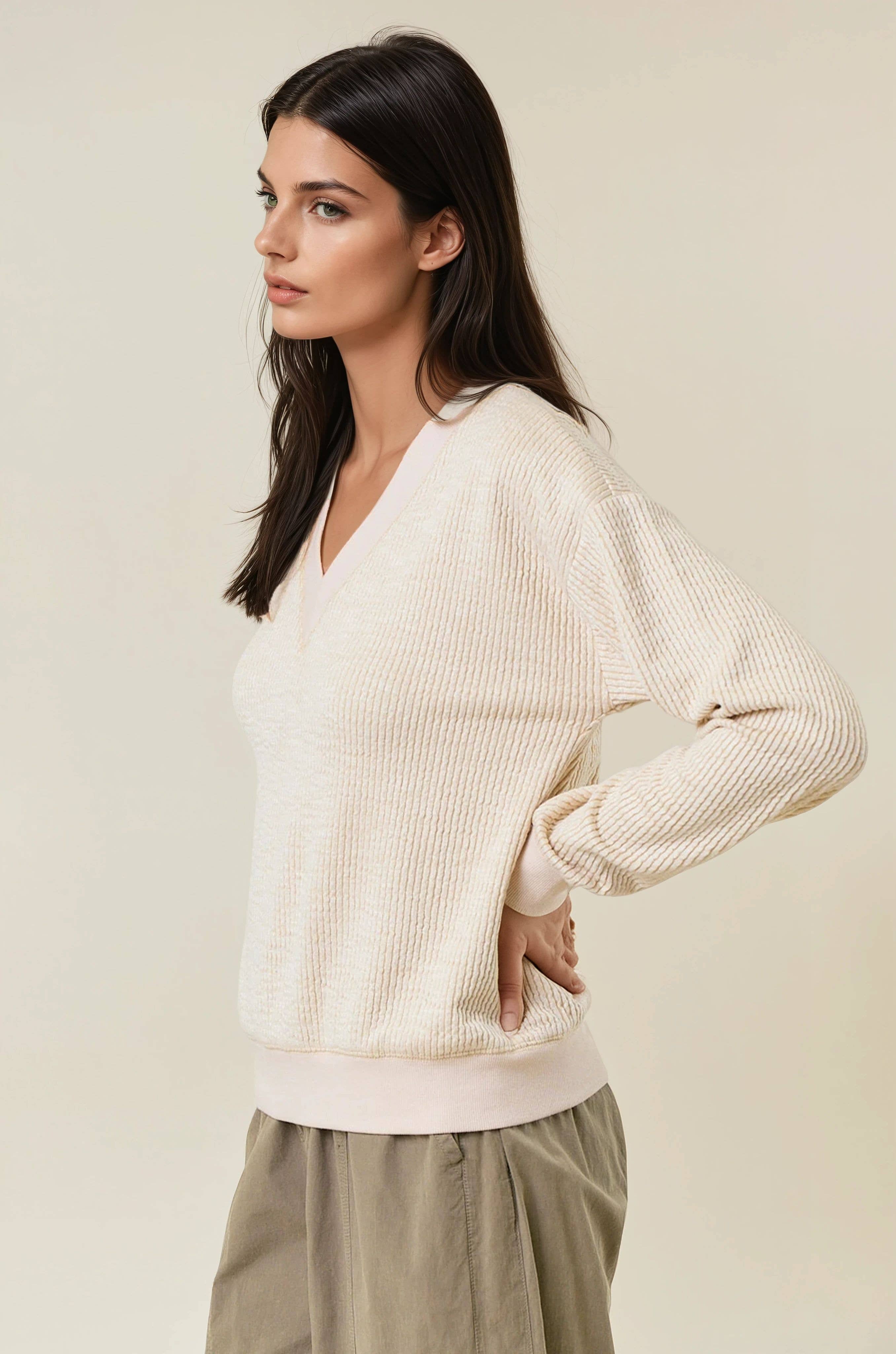 FINAL SALE Oversized Vertical Stripe Two-Tone Ribbed Top - Olive-110 Long Sleeve Top-Doe and Rae-The Lovely Closet, Women's Fashion Boutique in Alexandria, KY