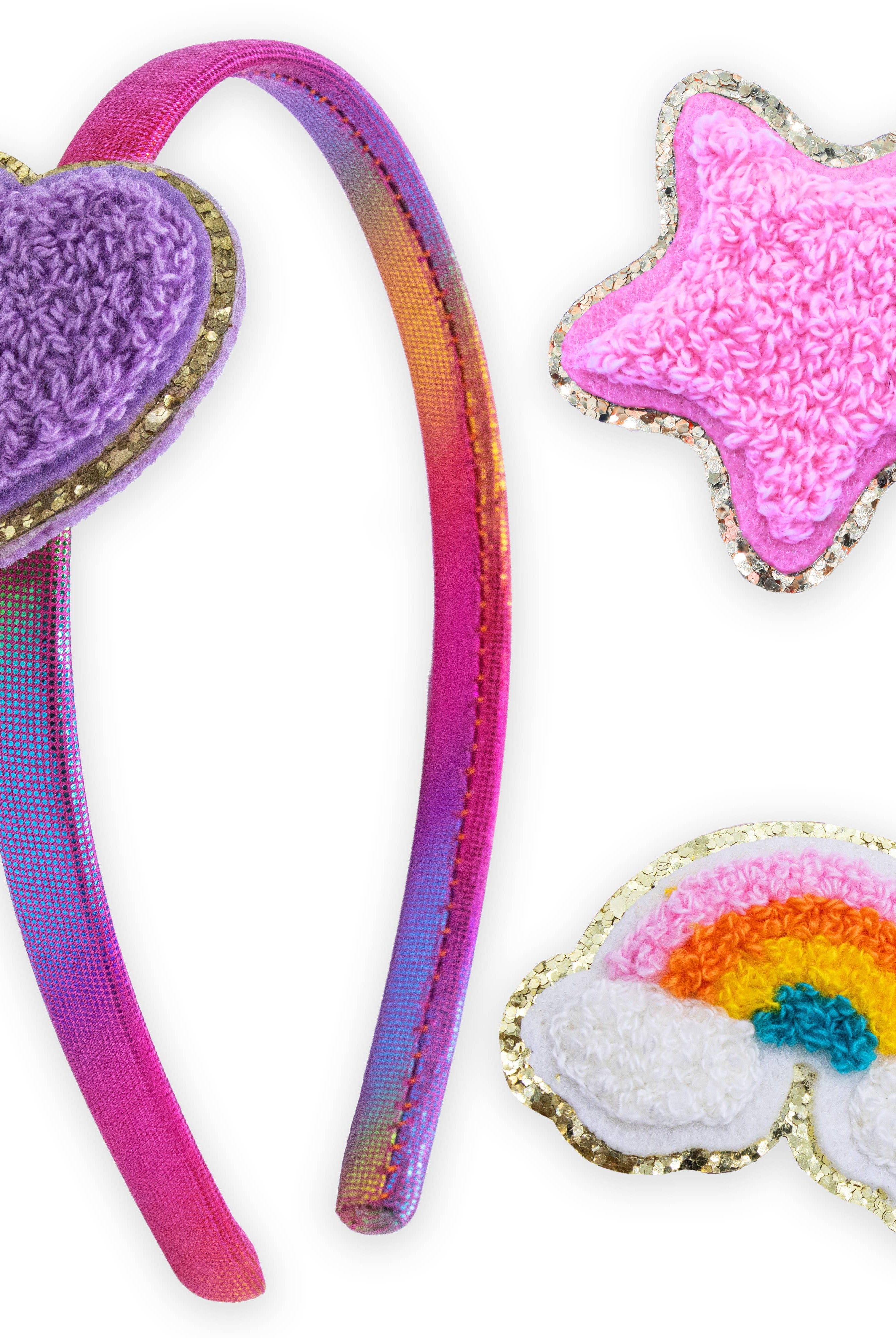 Interchangeable Charm Headband and Hair Clips: Chenille Rainbow/Heart/Star-310 Gift-Frog Sac-The Lovely Closet, Women's Fashion Boutique in Alexandria, KY