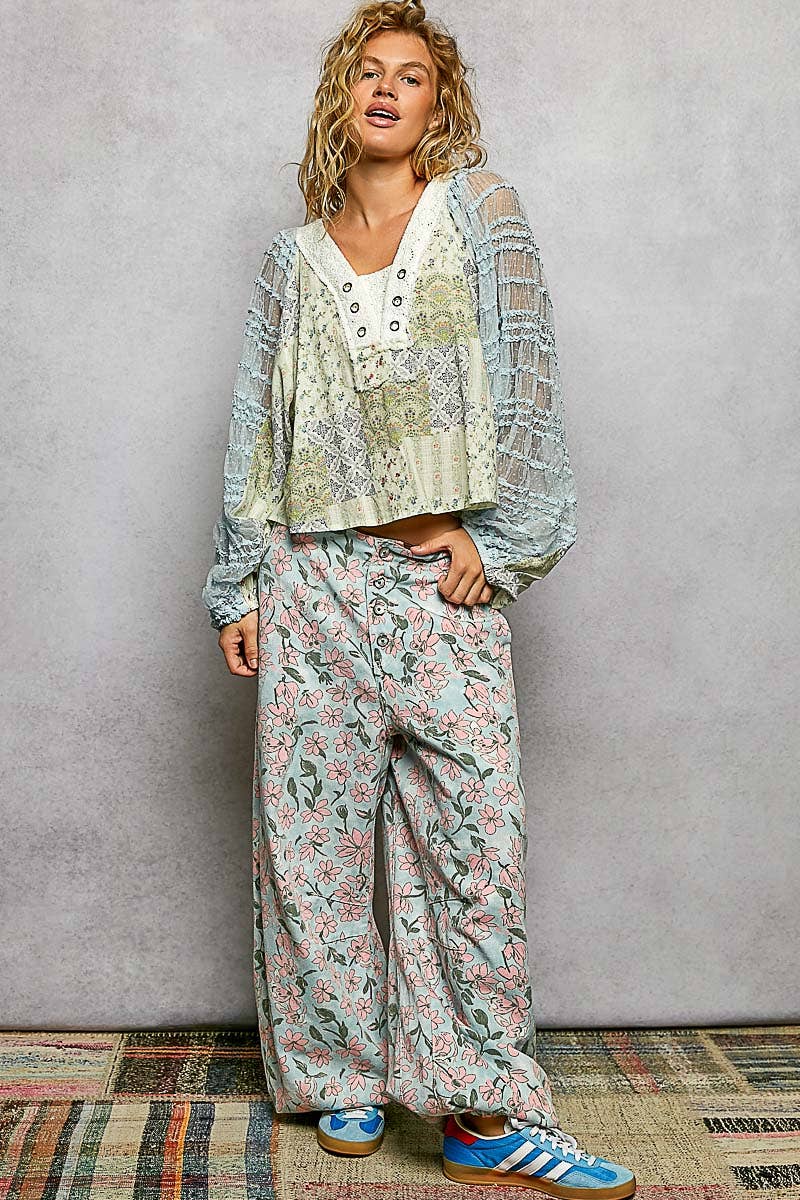 Long Sleeve Lace Contrast Printed Woven Top-110 Long Sleeve Top-Pol Clothing-The Lovely Closet, Women's Fashion Boutique in Alexandria, KY