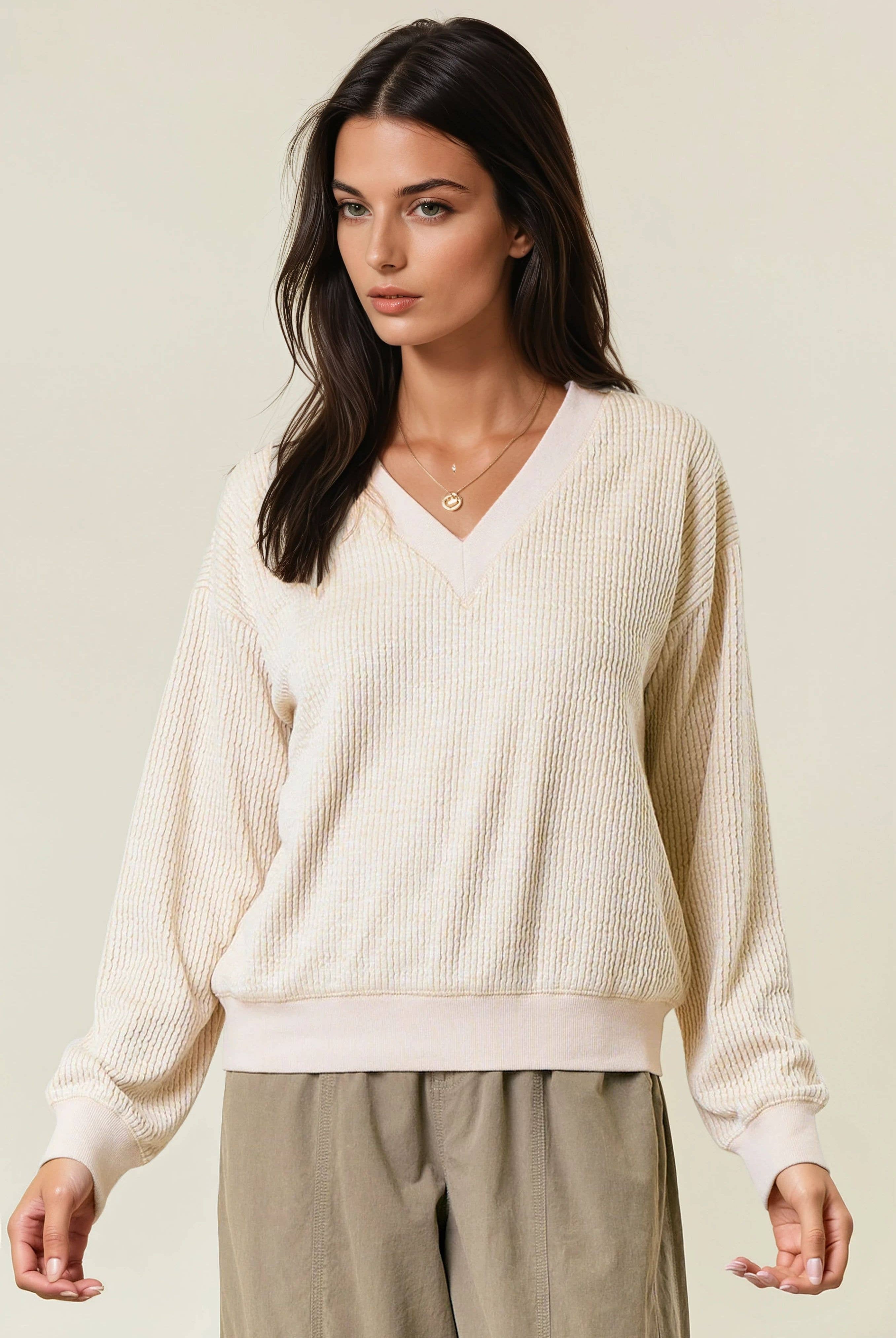 FINAL SALE Oversized Vertical Stripe Two-Tone Ribbed Top - Olive-110 Long Sleeve Top-Doe and Rae-The Lovely Closet, Women's Fashion Boutique in Alexandria, KY