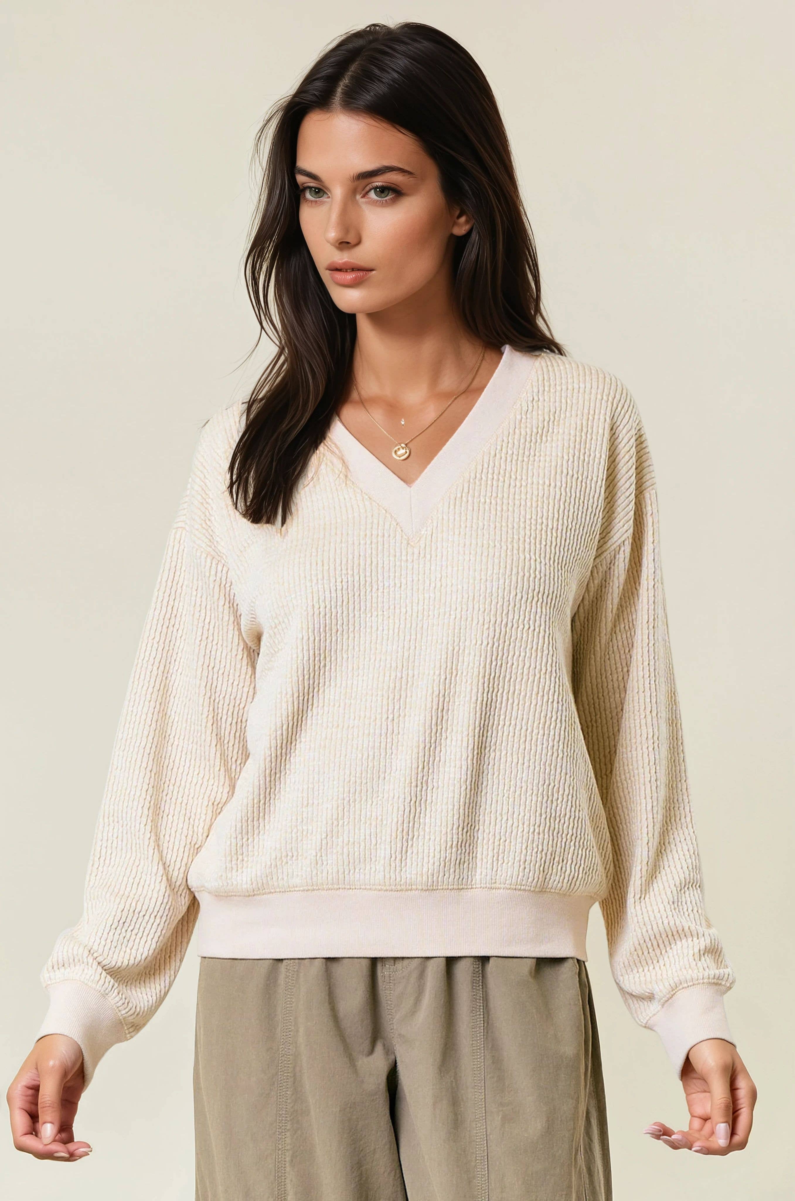 FINAL SALE Oversized Vertical Stripe Two-Tone Ribbed Top - Olive-110 Long Sleeve Top-Doe and Rae-The Lovely Closet, Women's Fashion Boutique in Alexandria, KY