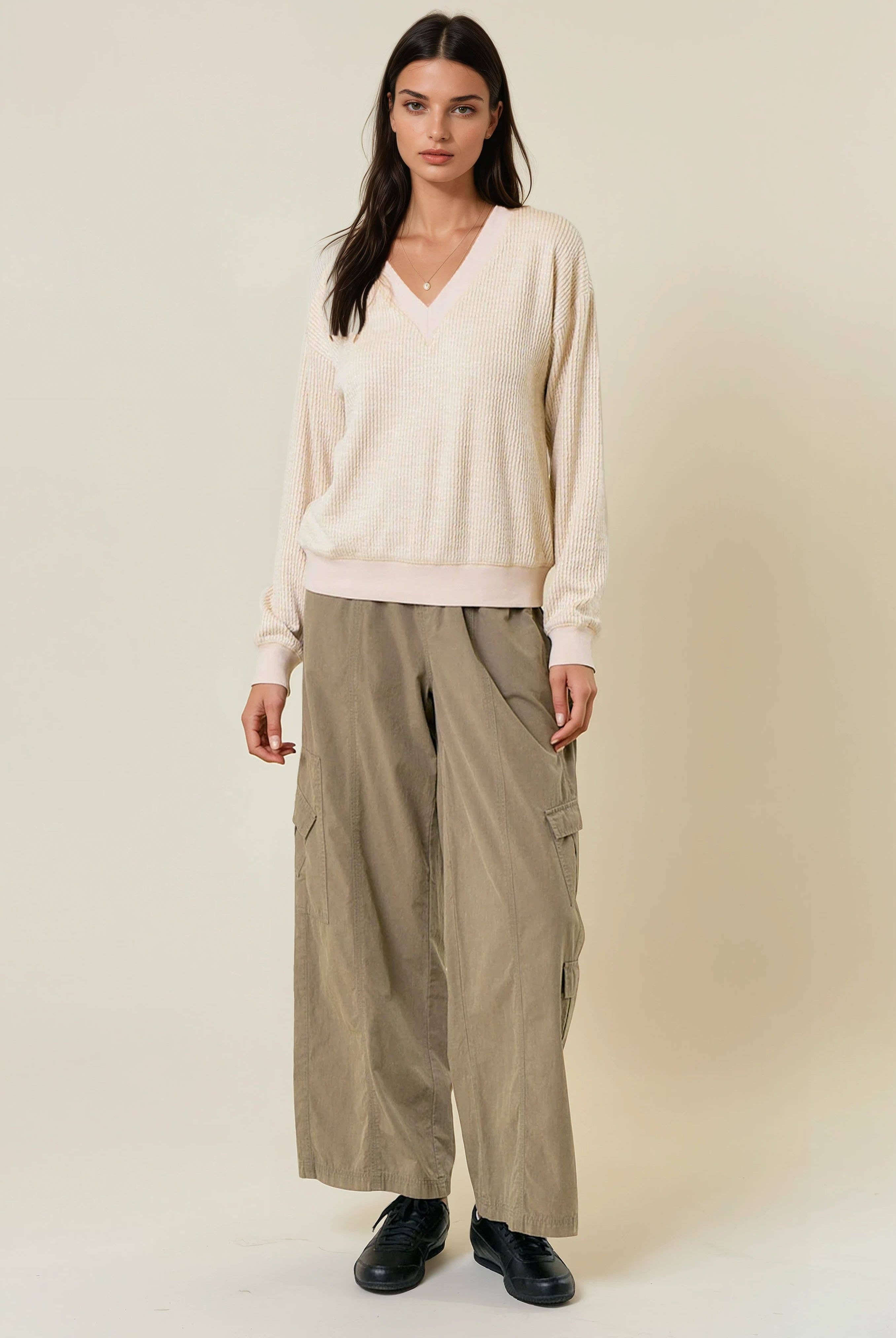 FINAL SALE Oversized Vertical Stripe Two-Tone Ribbed Top - Olive-110 Long Sleeve Top-Doe and Rae-The Lovely Closet, Women's Fashion Boutique in Alexandria, KY