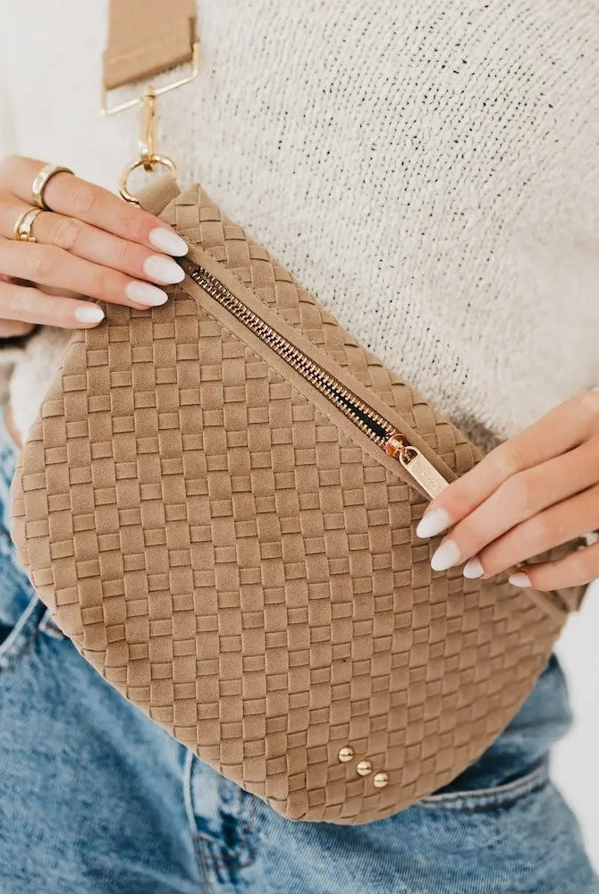 Suede Westlyn Woven Bum Bag: Suede Taupe-290 Bag/Handbags-Pretty Simple-The Lovely Closet, Women's Fashion Boutique in Alexandria, KY
