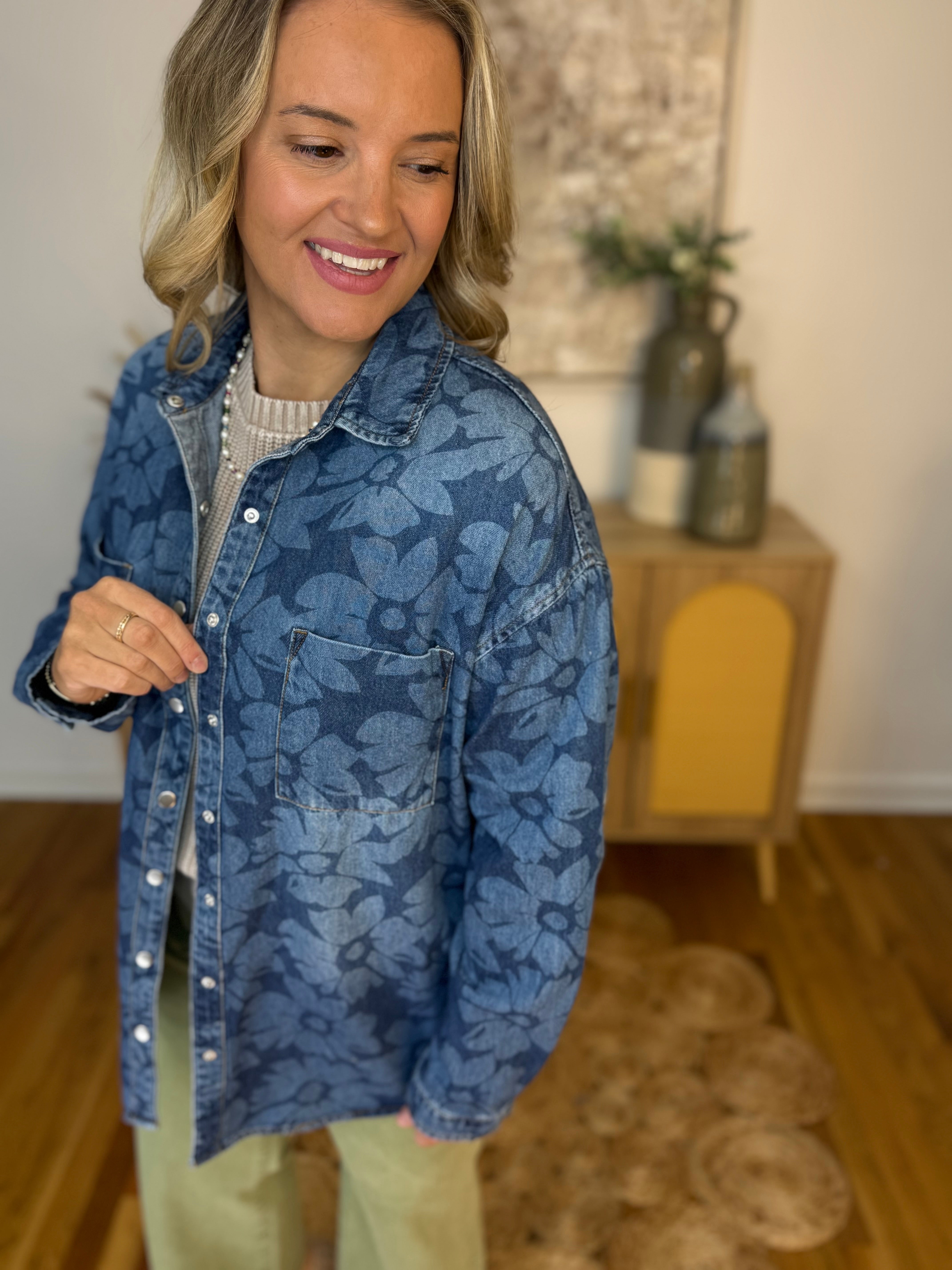 RISEN Floral Print Denim Shirt-110 Long Sleeve Top-Risen-The Lovely Closet, Women's Fashion Boutique in Alexandria, KY