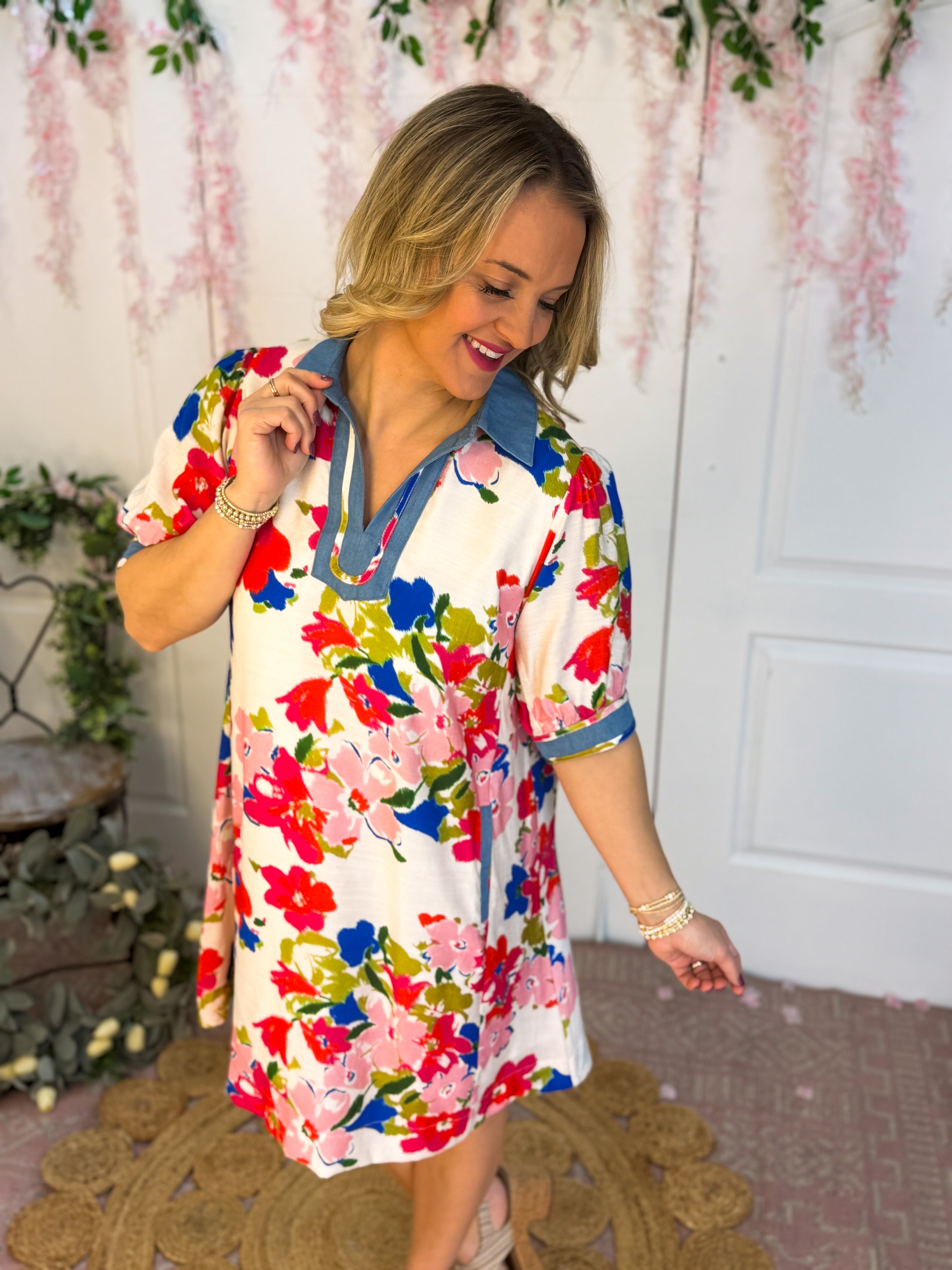 Vibrant Floral Print Dress-180 Dresses-Umgee-The Lovely Closet, Women's Fashion Boutique in Alexandria, KY