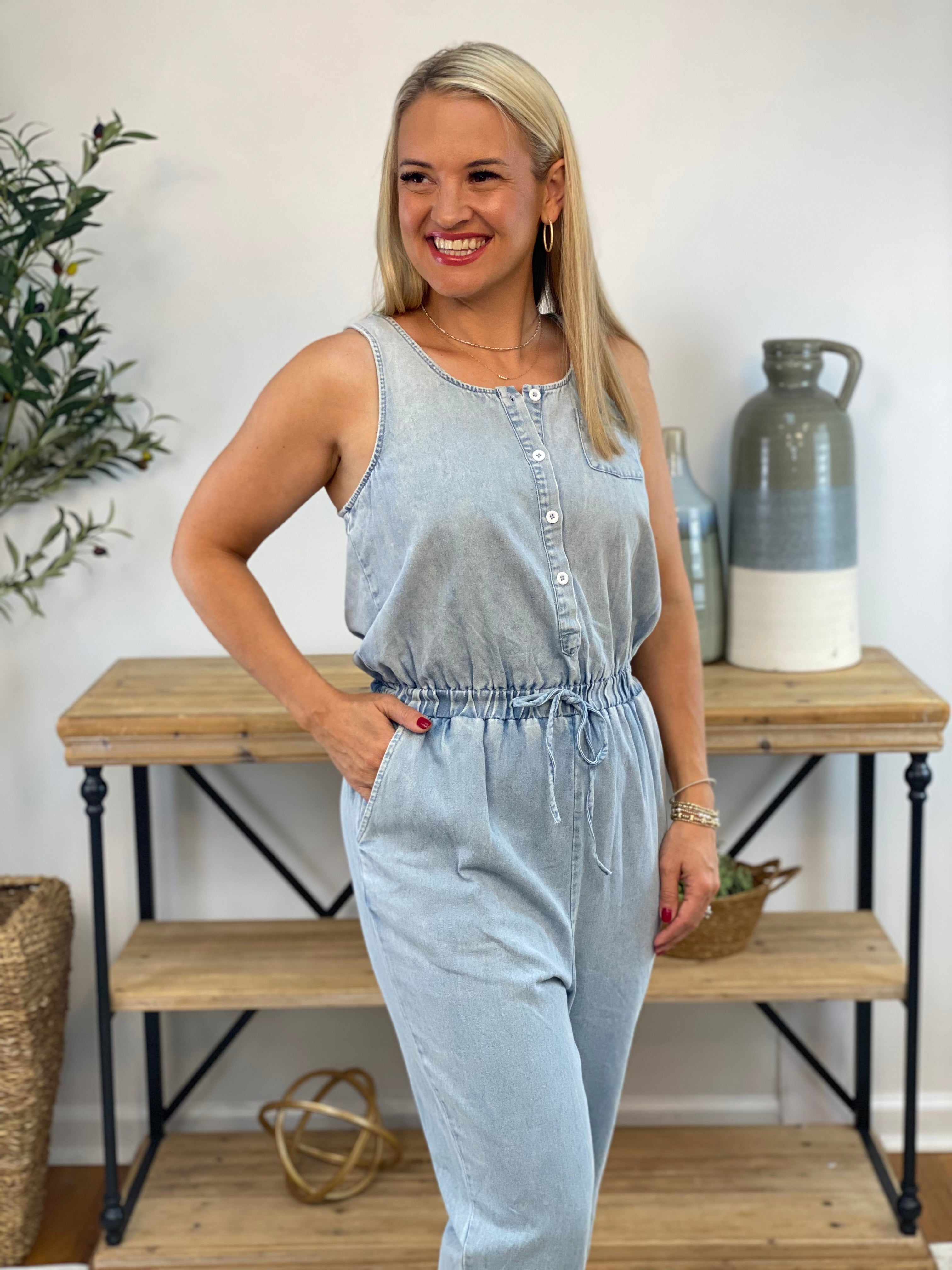 Chambray Jumpsuit-190 Rompers/Jumpsuits/Sets-The Lovely Closet-The Lovely Closet, Women's Fashion Boutique in Alexandria, KY