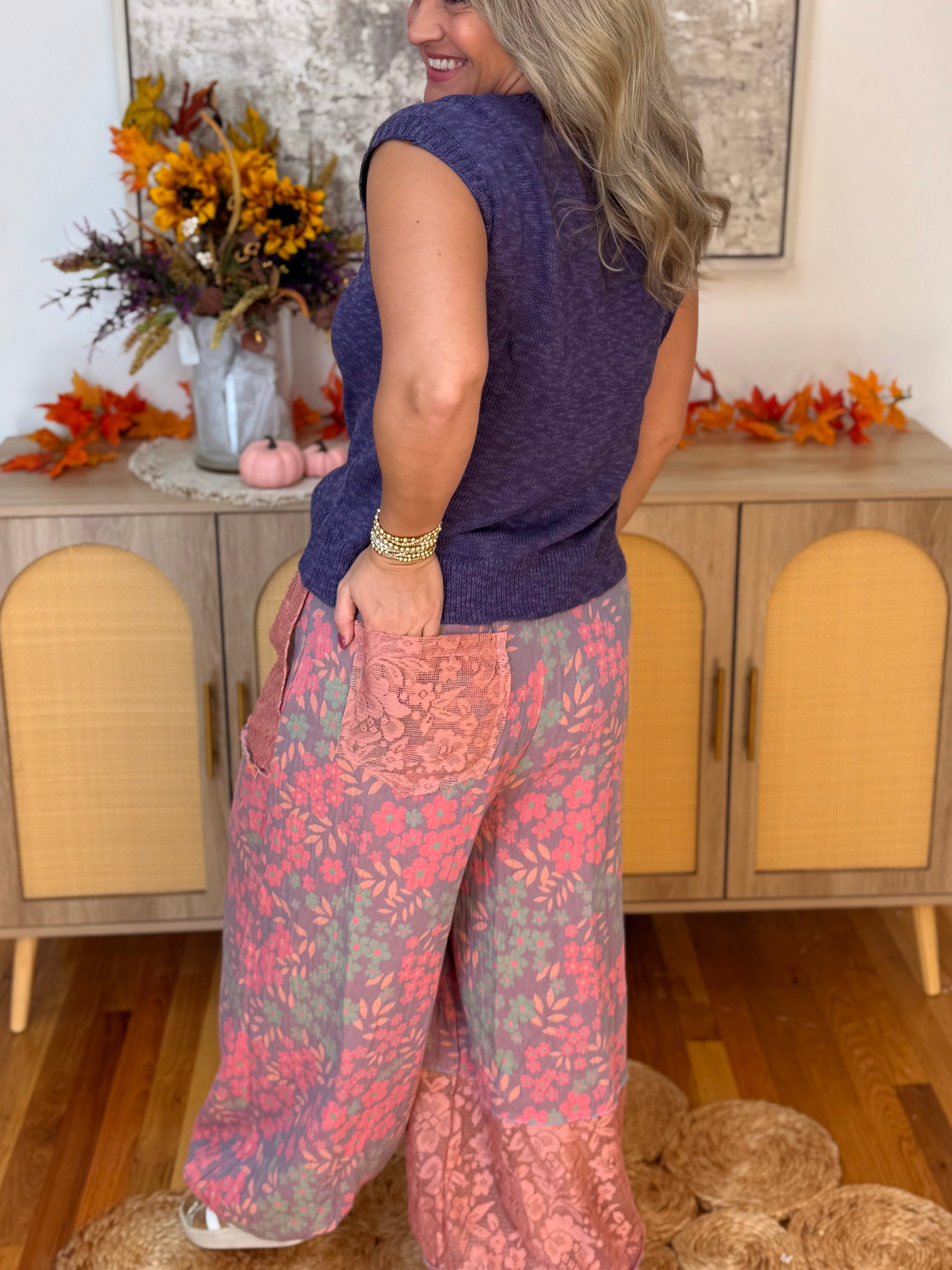 FINAL SALE - Floral Patchwork Jogger Pants-240 Pants-Pol Clothing-The Lovely Closet, Women's Fashion Boutique in Alexandria, KY