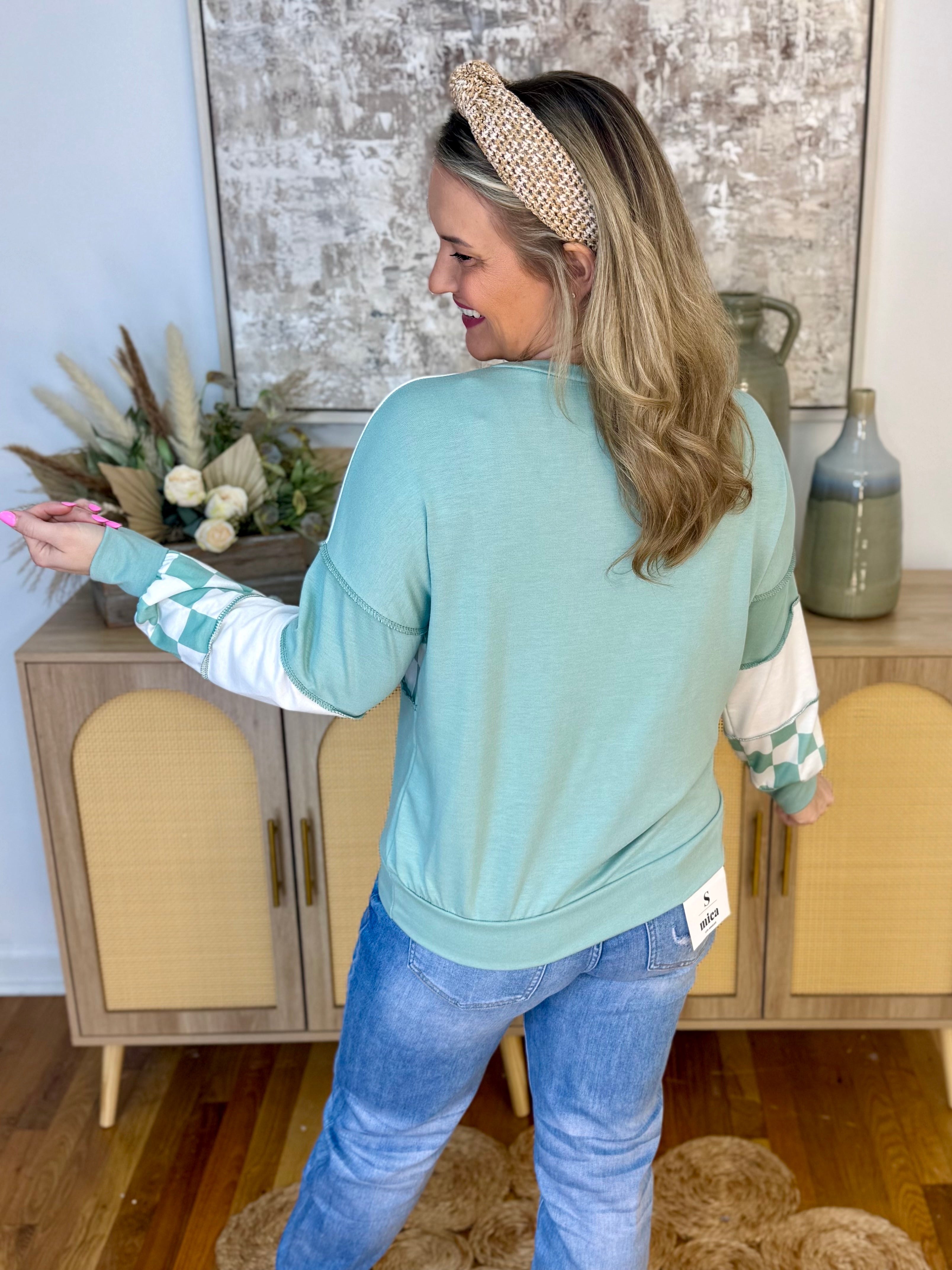 Checkered Spring Green Patchwork Top-110 Long Sleeve Top-7th Ray-The Lovely Closet, Women's Fashion Boutique in Alexandria, KY