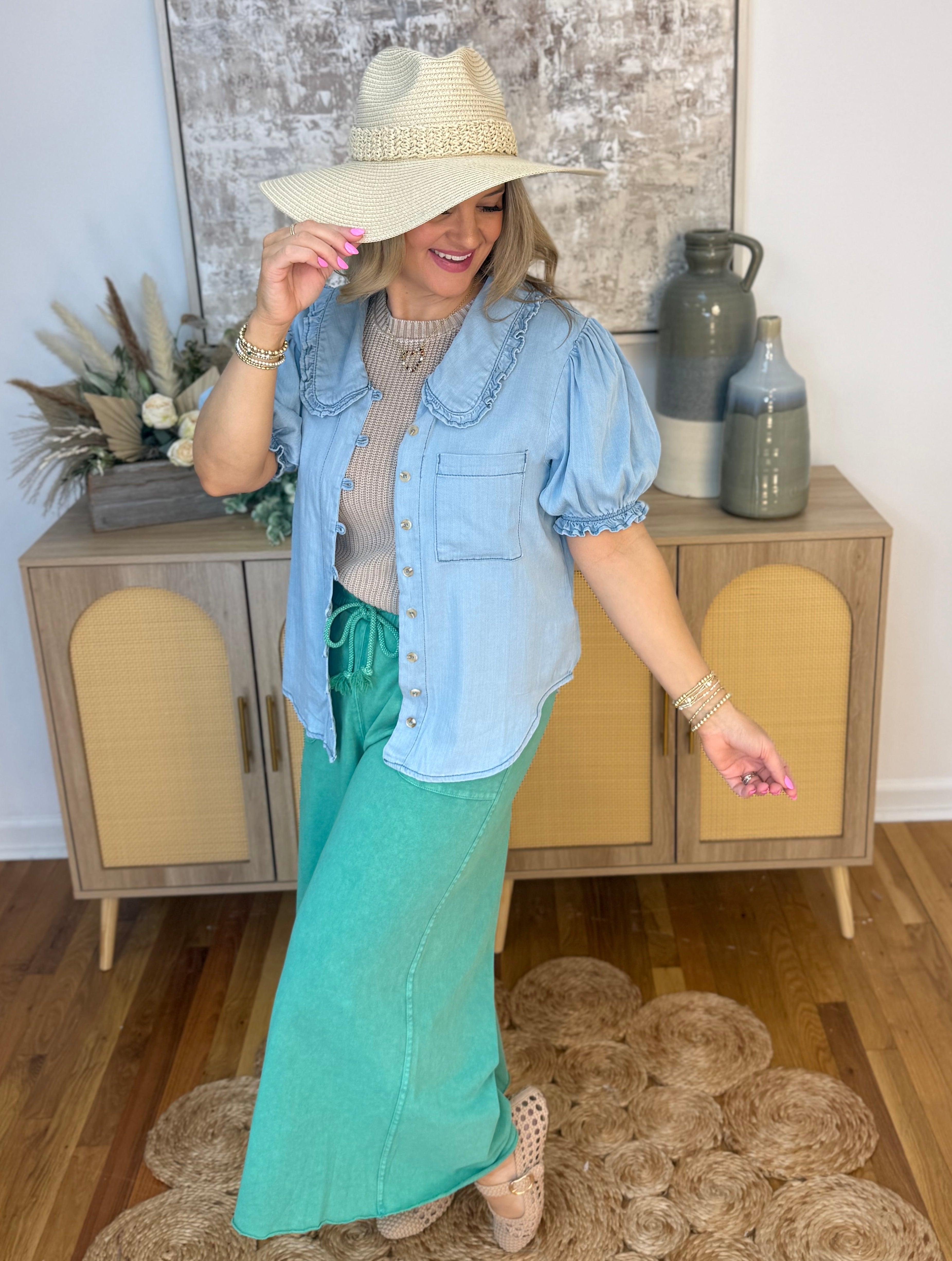 Chase the Sun Chambray Button Down Top-100 Short Sleeve Tops-easel-The Lovely Closet, Women's Fashion Boutique in Alexandria, KY