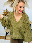 FINAL SALE V-Neck Cable Knit Sweater V-Neck - Olive-140 Sweaters-POL-The Lovely Closet, Women's Fashion Boutique in Alexandria, KY