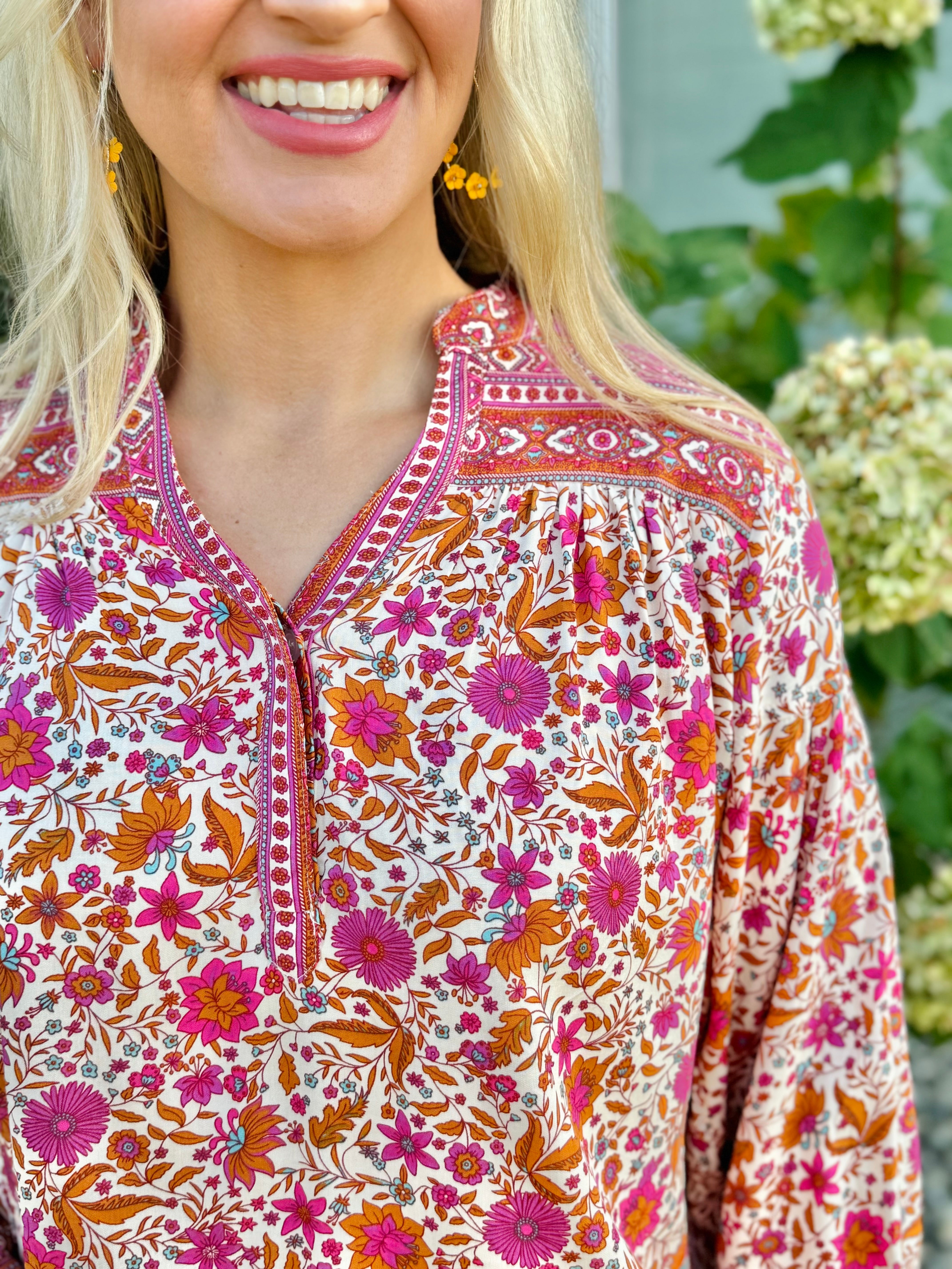 Floral Border Print Long Sleeve Blouse-110 Long Sleeve Top-mittoshop-The Lovely Closet, Women's Fashion Boutique in Alexandria, KY