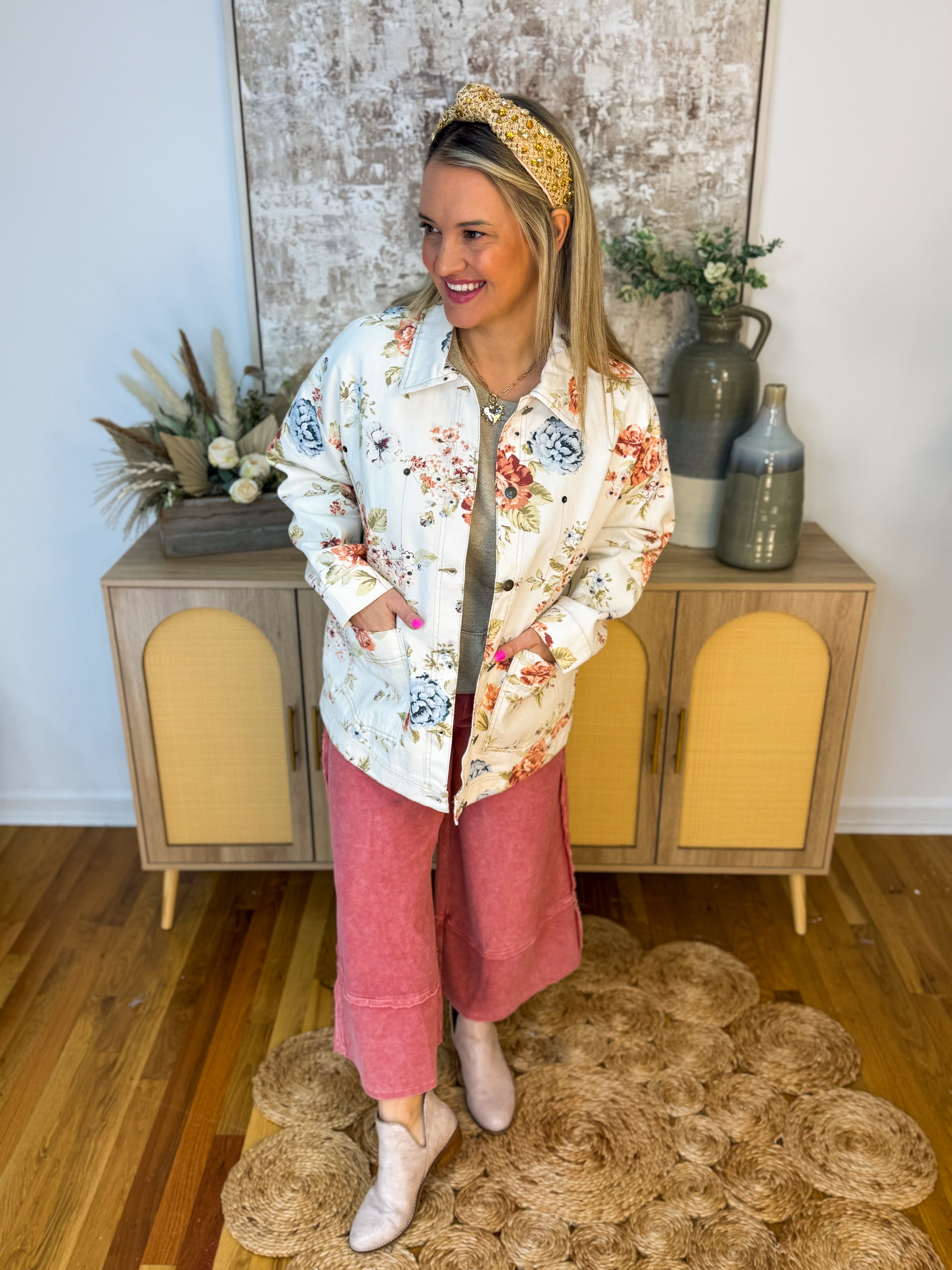 Floral Denim Oversized Jacket-170 Jackets/Outerwear-Blu Pepper-The Lovely Closet, Women's Fashion Boutique in Alexandria, KY
