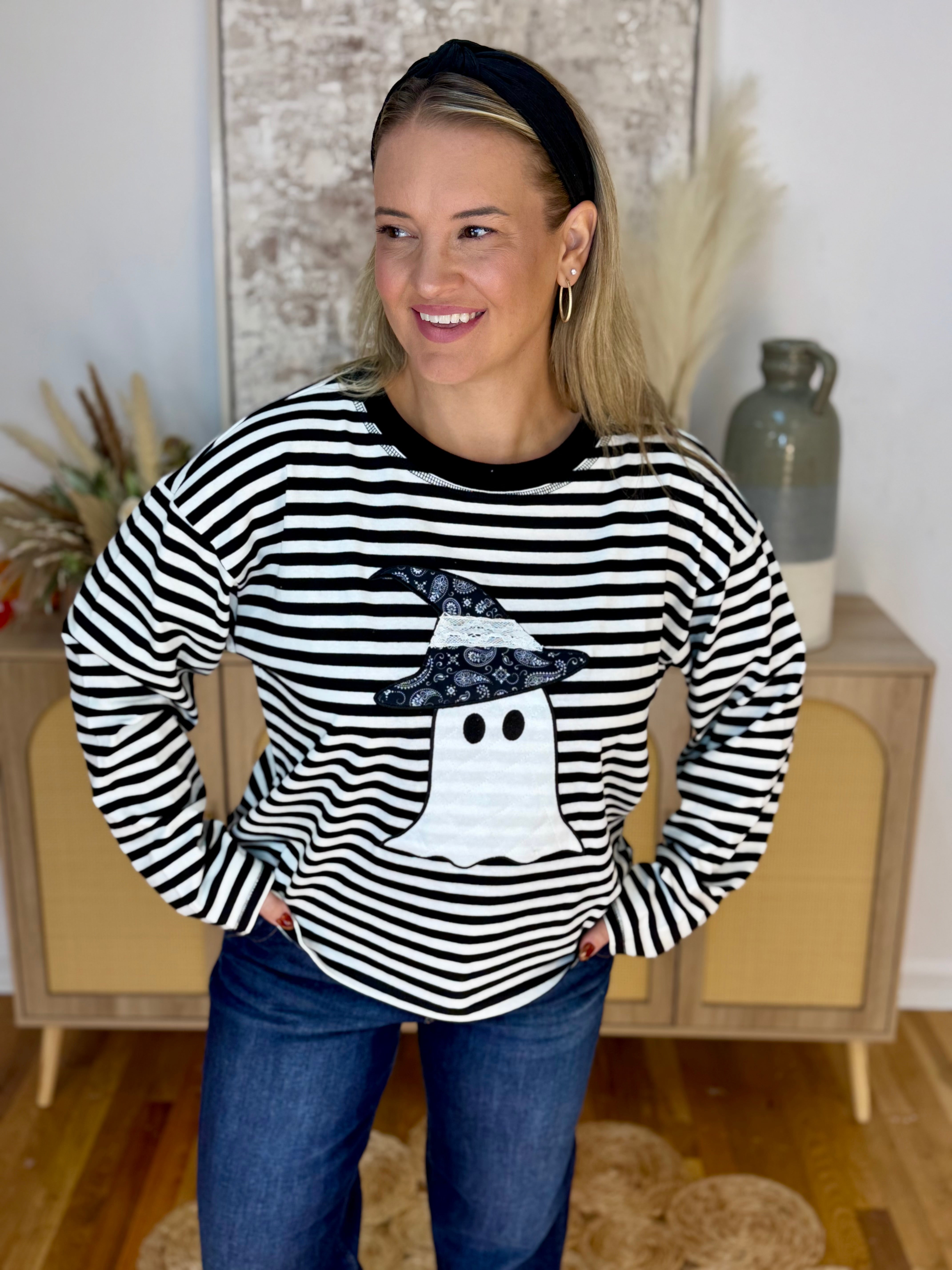 Halloween Ghost Striped Top-110 Long Sleeve Top-Main Strip-The Lovely Closet, Women's Fashion Boutique in Alexandria, KY