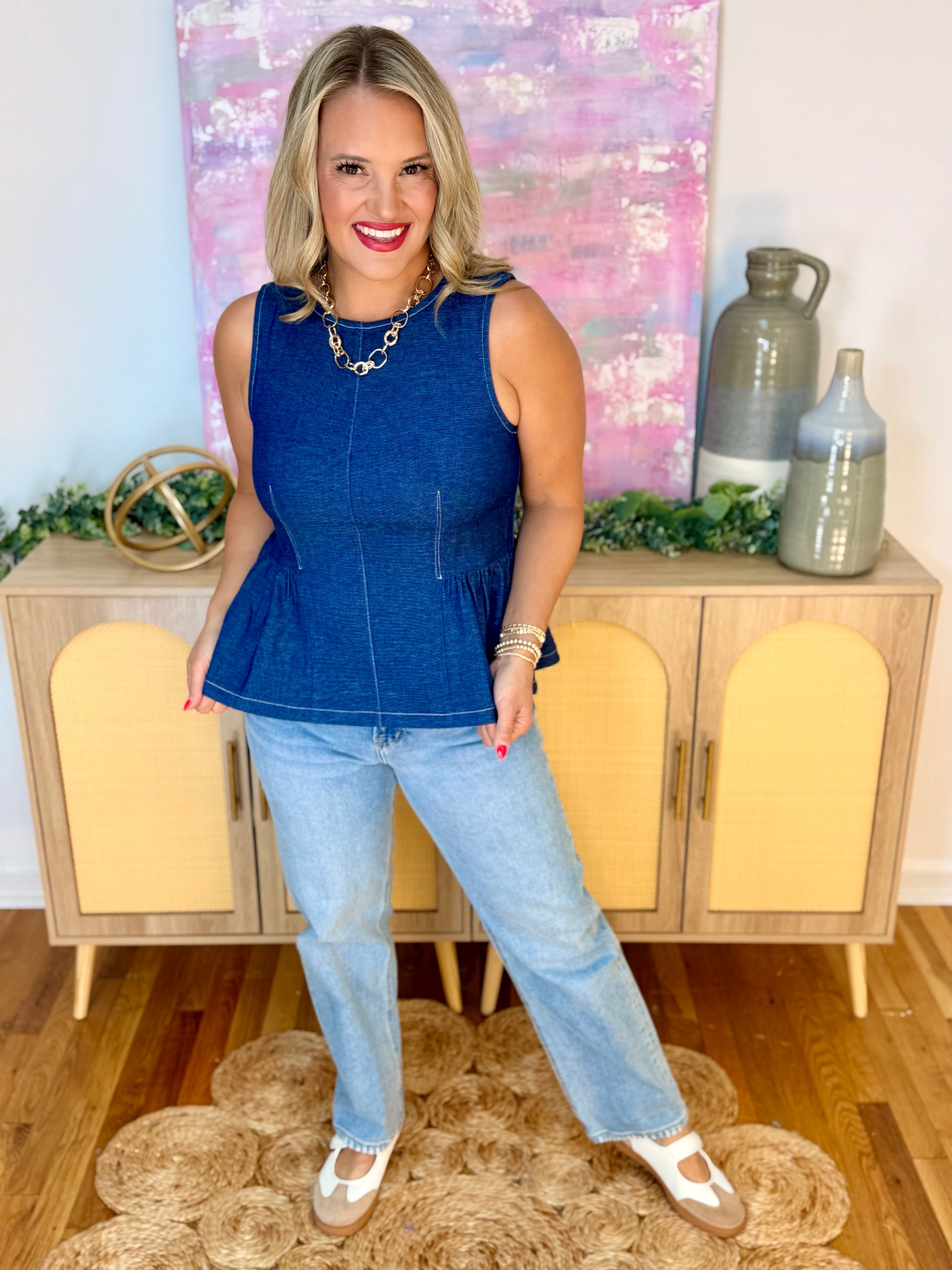 Darling Days Peplum Top - Denim Blue-120 Sleeveless Tops-She + Sky-The Lovely Closet, Women's Fashion Boutique in Alexandria, KY