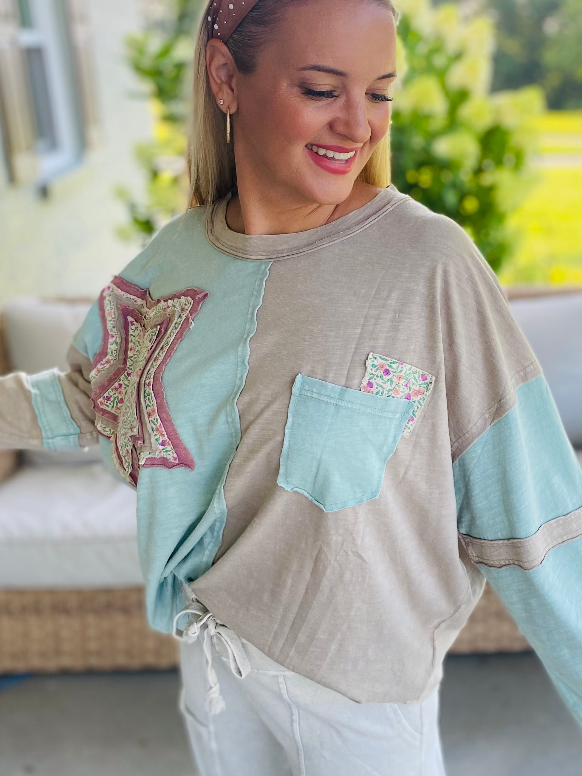 Starlight Bloom Top - Lt. Teal-110 Long Sleeve Top-easel-The Lovely Closet, Women's Fashion Boutique in Alexandria, KY