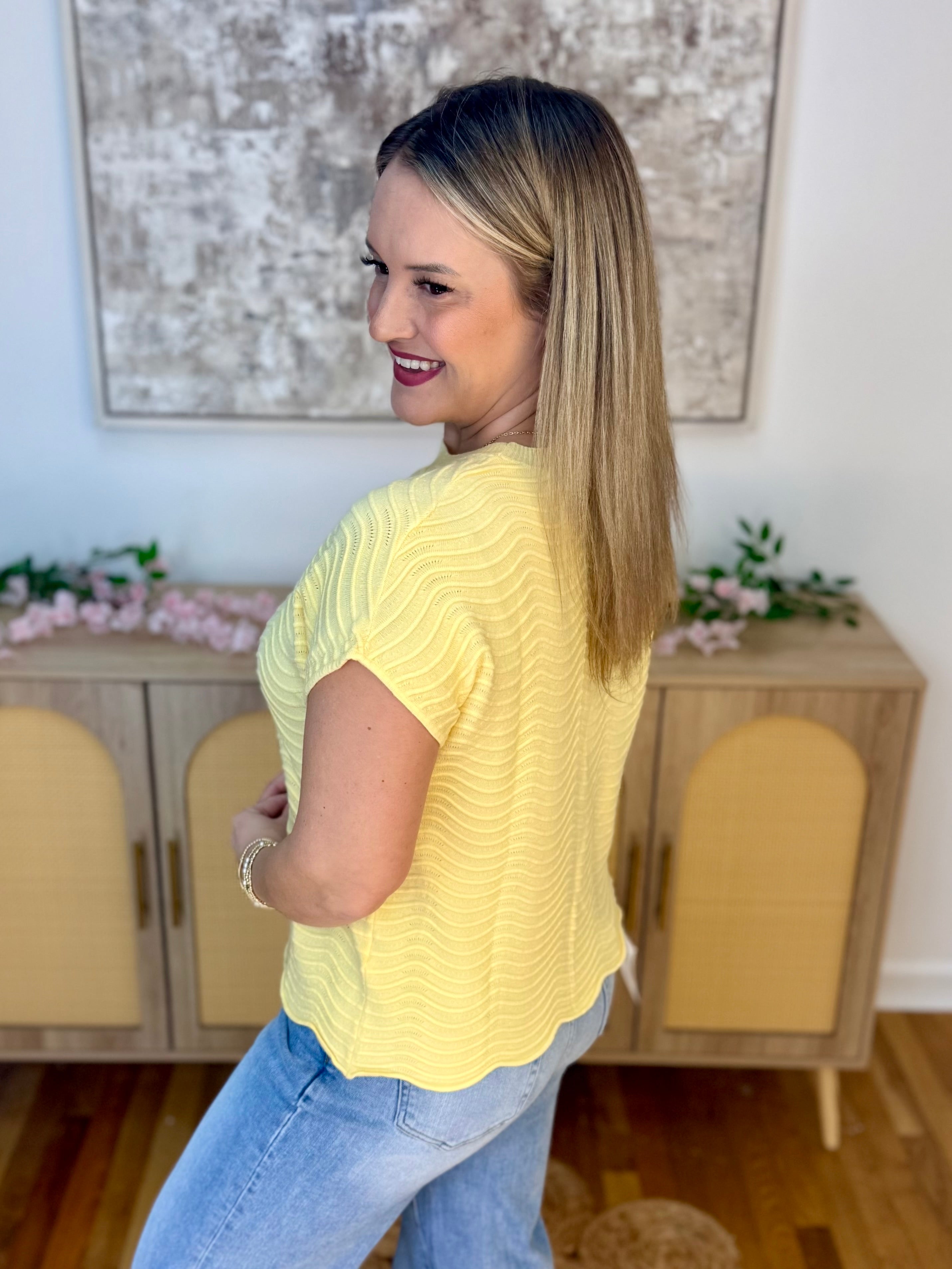 Feeling Refreshed Scalloped Edge Top - Butter Yellow-100 Short Sleeve Tops-Allie Rose-The Lovely Closet, Women's Fashion Boutique in Alexandria, KY