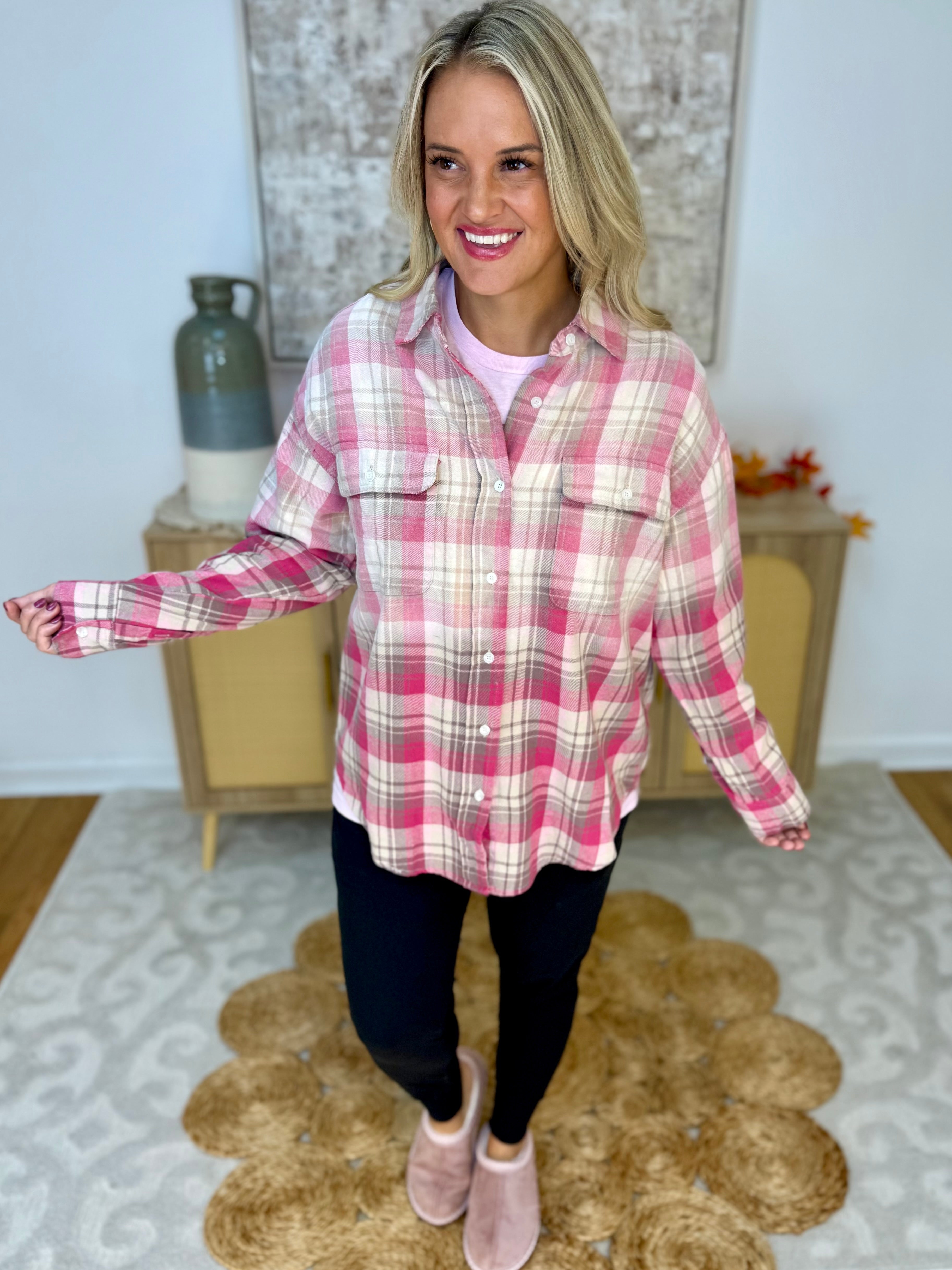 Pink Plaid Ombre Flannel Button Down-110 Long Sleeve Top-White Birch-The Lovely Closet, Women's Fashion Boutique in Alexandria, KY