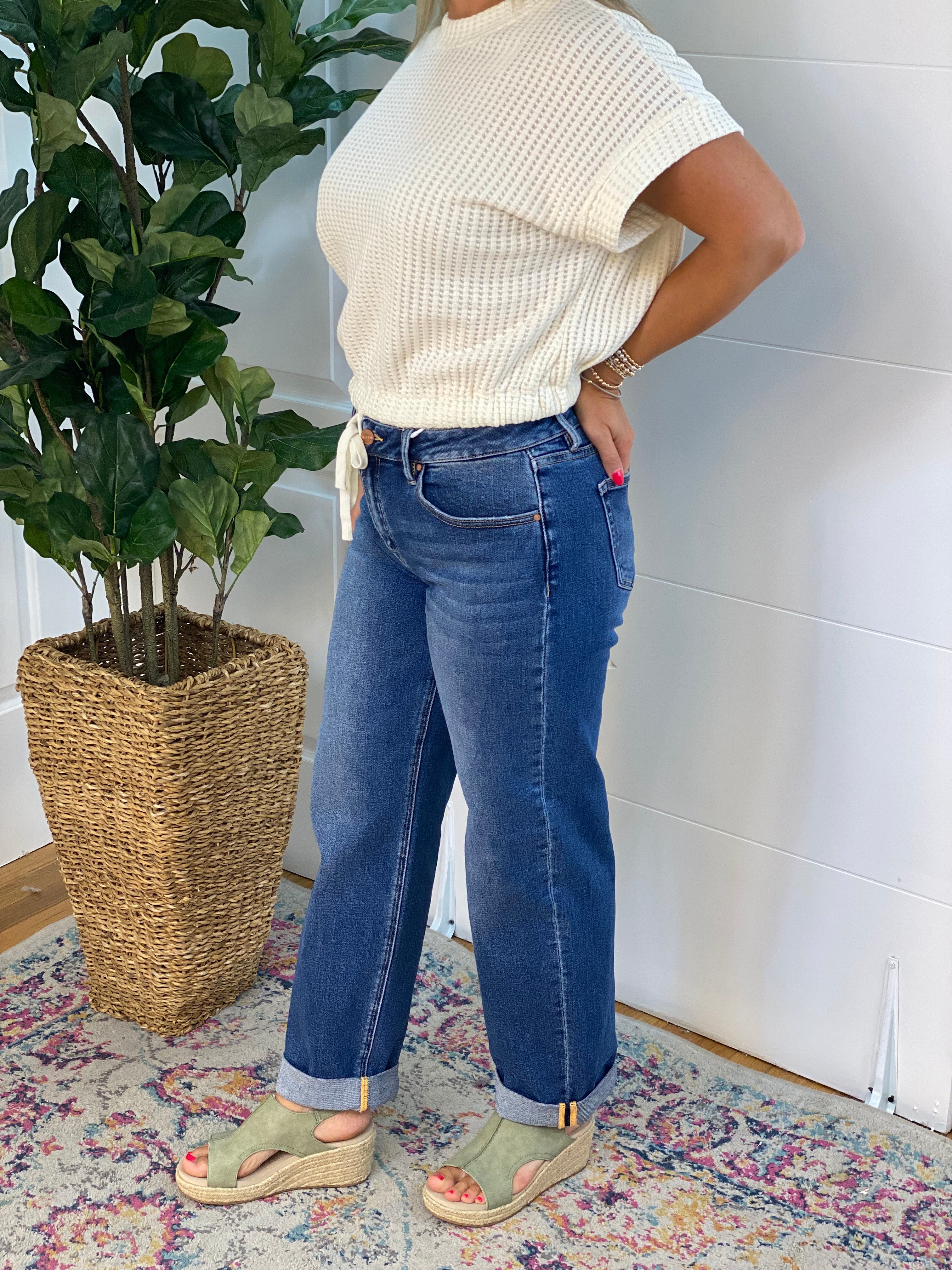 RISEN Mid Rise Boyfriend Roll Up Jeans-210 Jeans-Risen-The Lovely Closet, Women's Fashion Boutique in Alexandria, KY