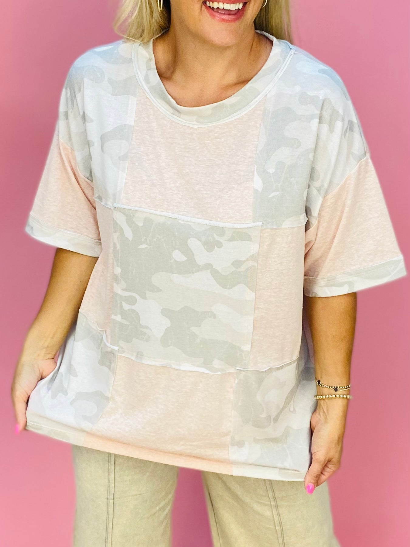 Camo Patchwork Top-100 Short Sleeve Tops-FANTASTIC FAWN-The Lovely Closet, Women's Fashion Boutique in Alexandria, KY
