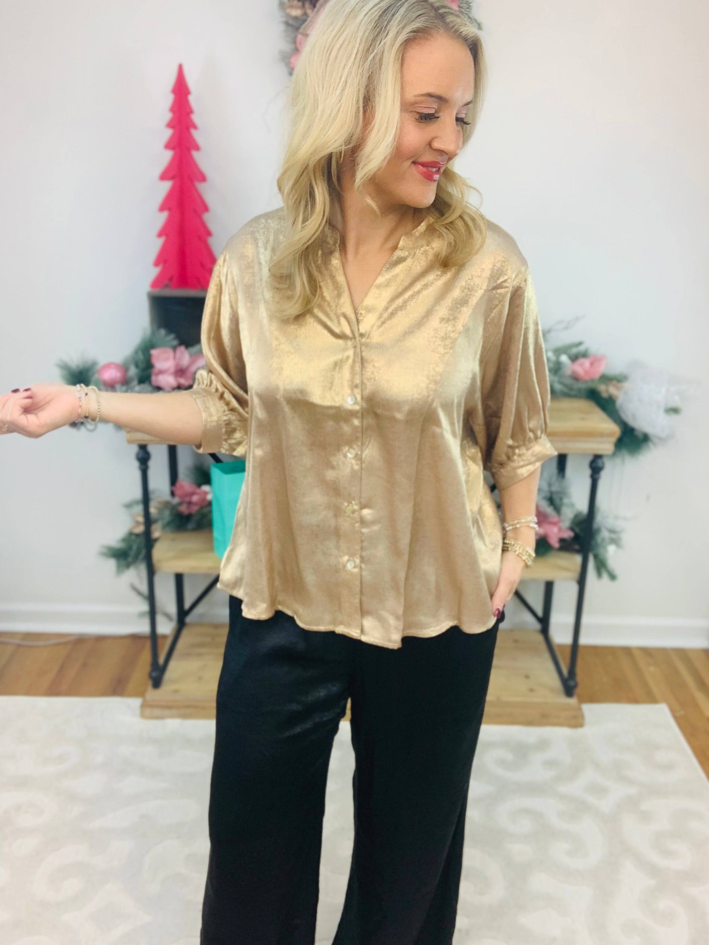 FINAL SALE - Gold Metallic Woven Blouse-110 Long Sleeve Top-Vine & Love-The Lovely Closet, Women's Fashion Boutique in Alexandria, KY