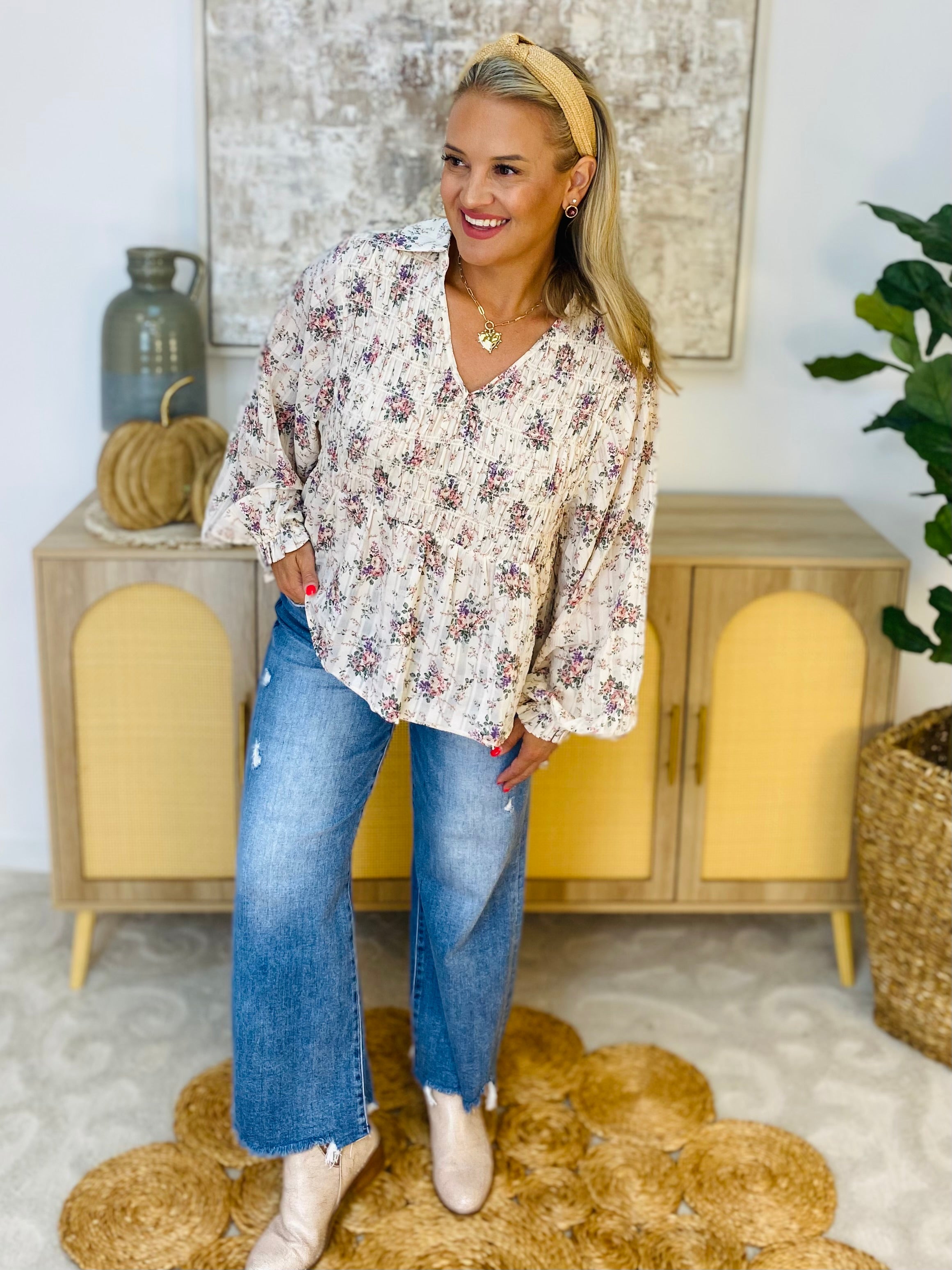 Floral Printed Woven Top-110 Long Sleeve Top-bibi-The Lovely Closet, Women's Fashion Boutique in Alexandria, KY