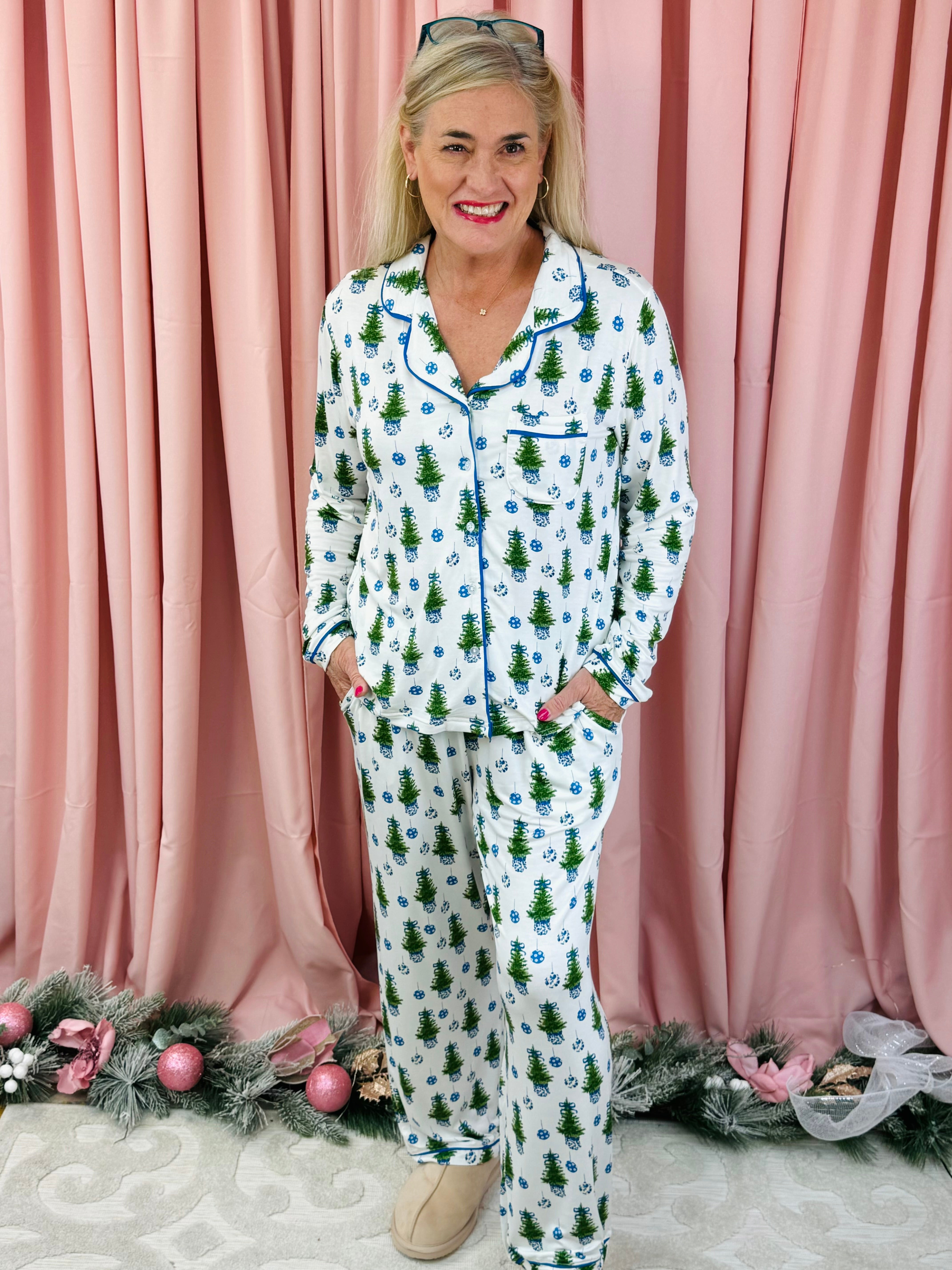 Mary Square Luxury Pajamas - Fancy & Festive Blue-350 Holiday-Mary Square-The Lovely Closet, Women's Fashion Boutique in Alexandria, KY