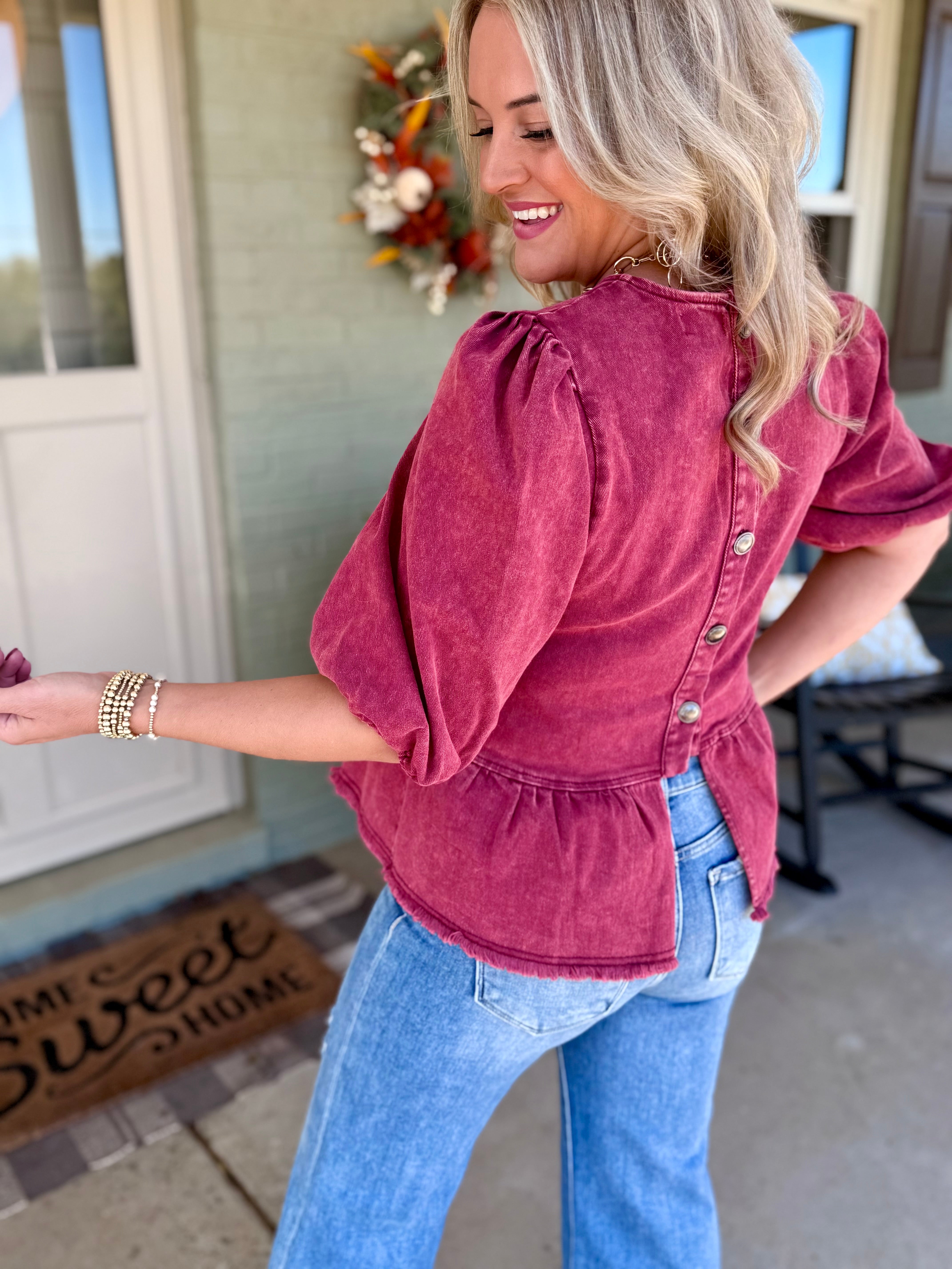Cider & Cinnamon Washed Denim Top - Garnet-100 Short Sleeve Tops-Anniewear-The Lovely Closet, Women's Fashion Boutique in Alexandria, KY