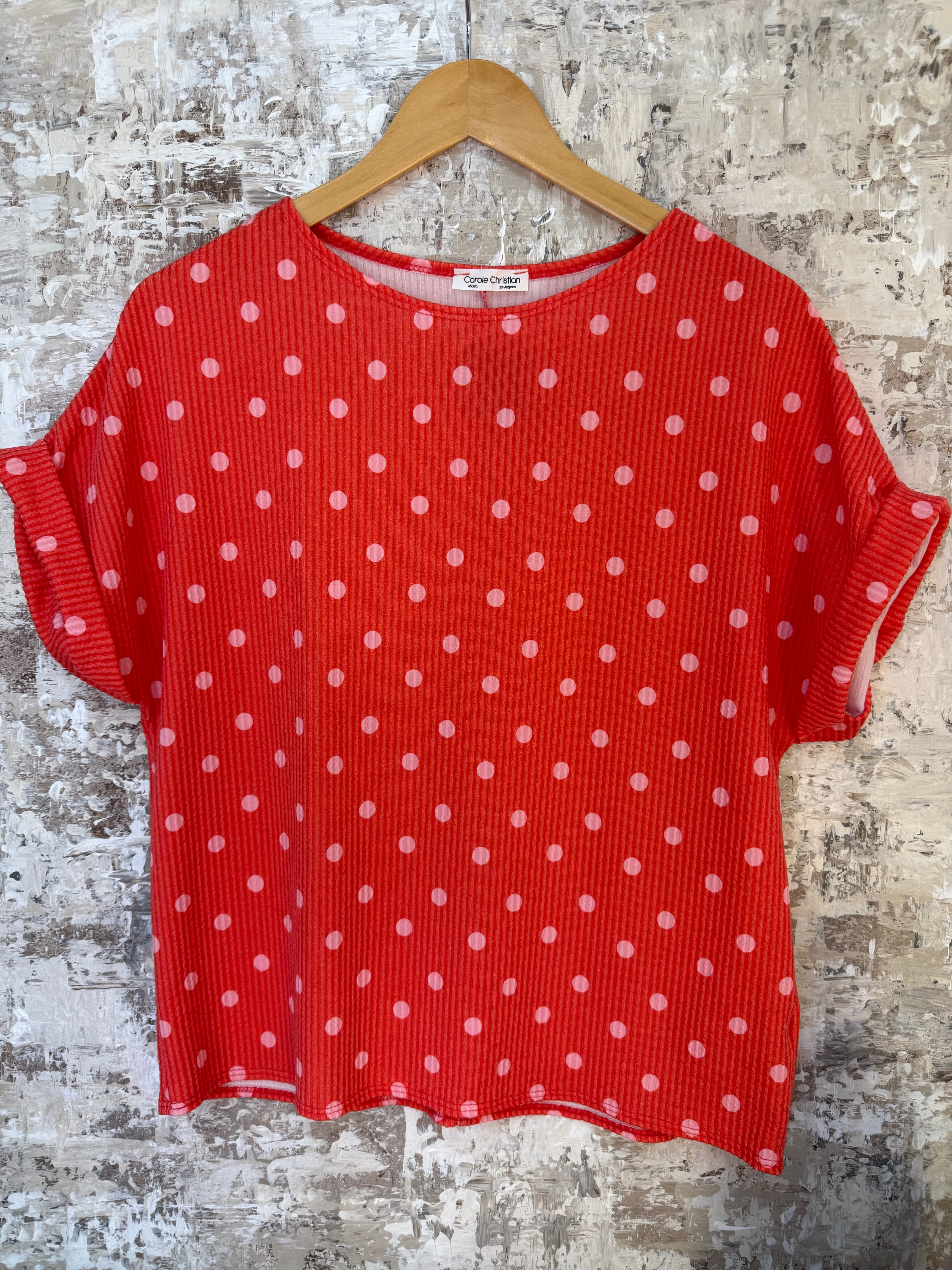 Color Pop Polka Dot Top - Dark Coral-100 Short Sleeve Tops-Carole Christian-The Lovely Closet, Women's Fashion Boutique in Alexandria, KY