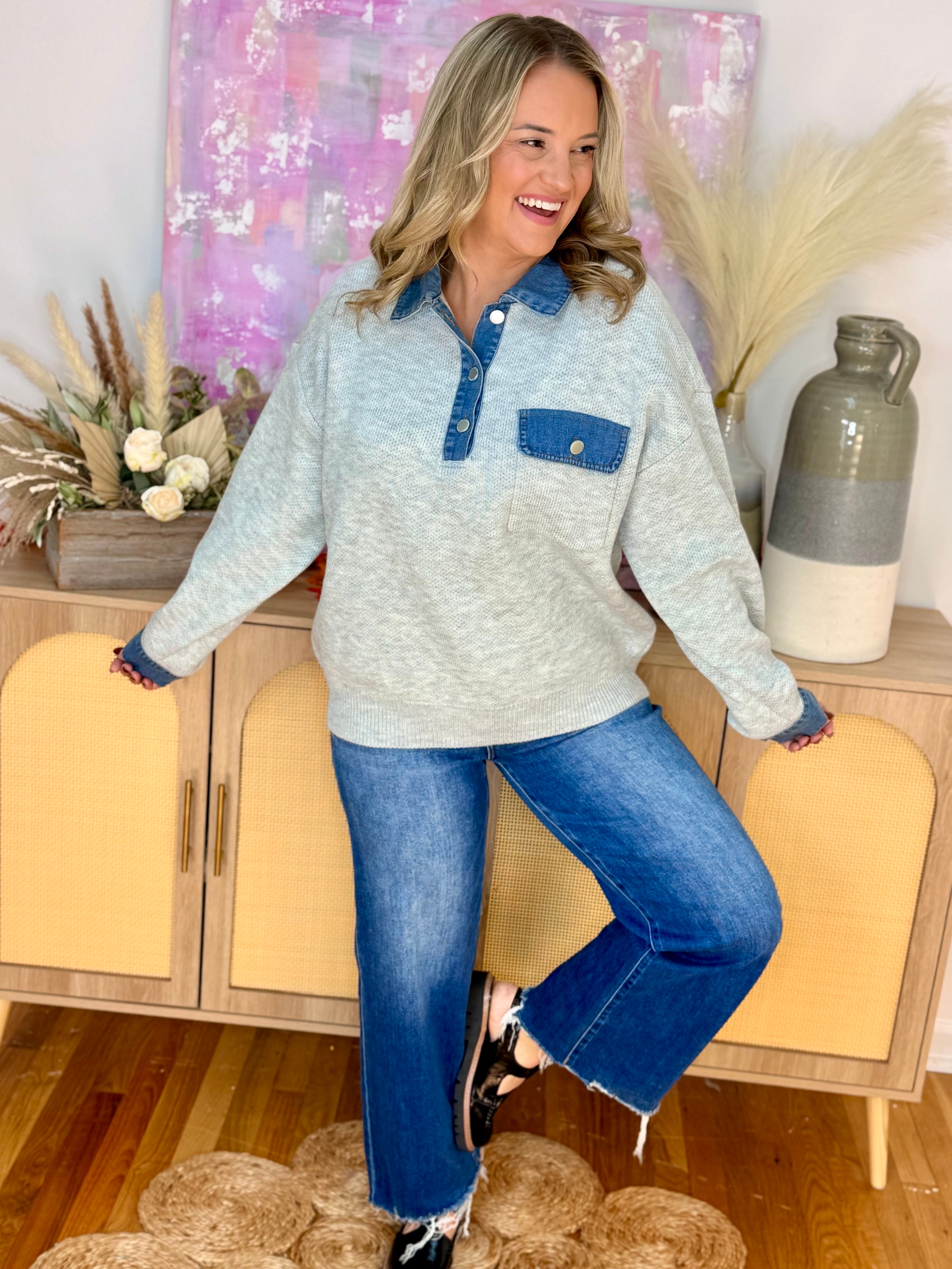 The Denim Detail Pullover-110 Long Sleeve Top-Haptics-The Lovely Closet, Women's Fashion Boutique in Alexandria, KY
