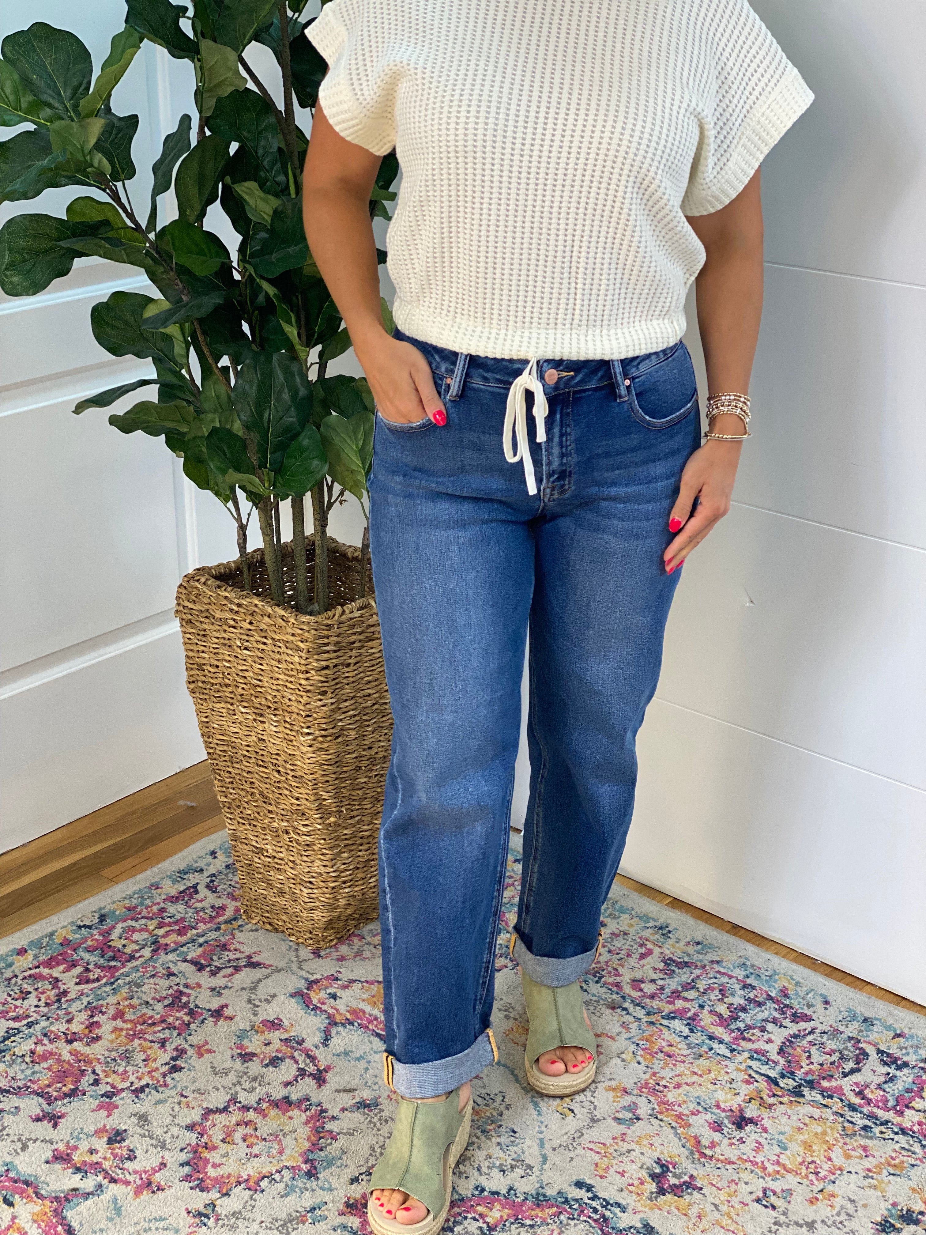 RISEN Mid Rise Boyfriend Roll Up Jeans-210 Jeans-Risen-The Lovely Closet, Women's Fashion Boutique in Alexandria, KY