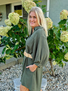 Airflow 3/4 Sleeve Buttoned Shirt Mini Dress - Olive-180 Dresses-The Lovely Closet-The Lovely Closet, Women's Fashion Boutique in Alexandria, KY