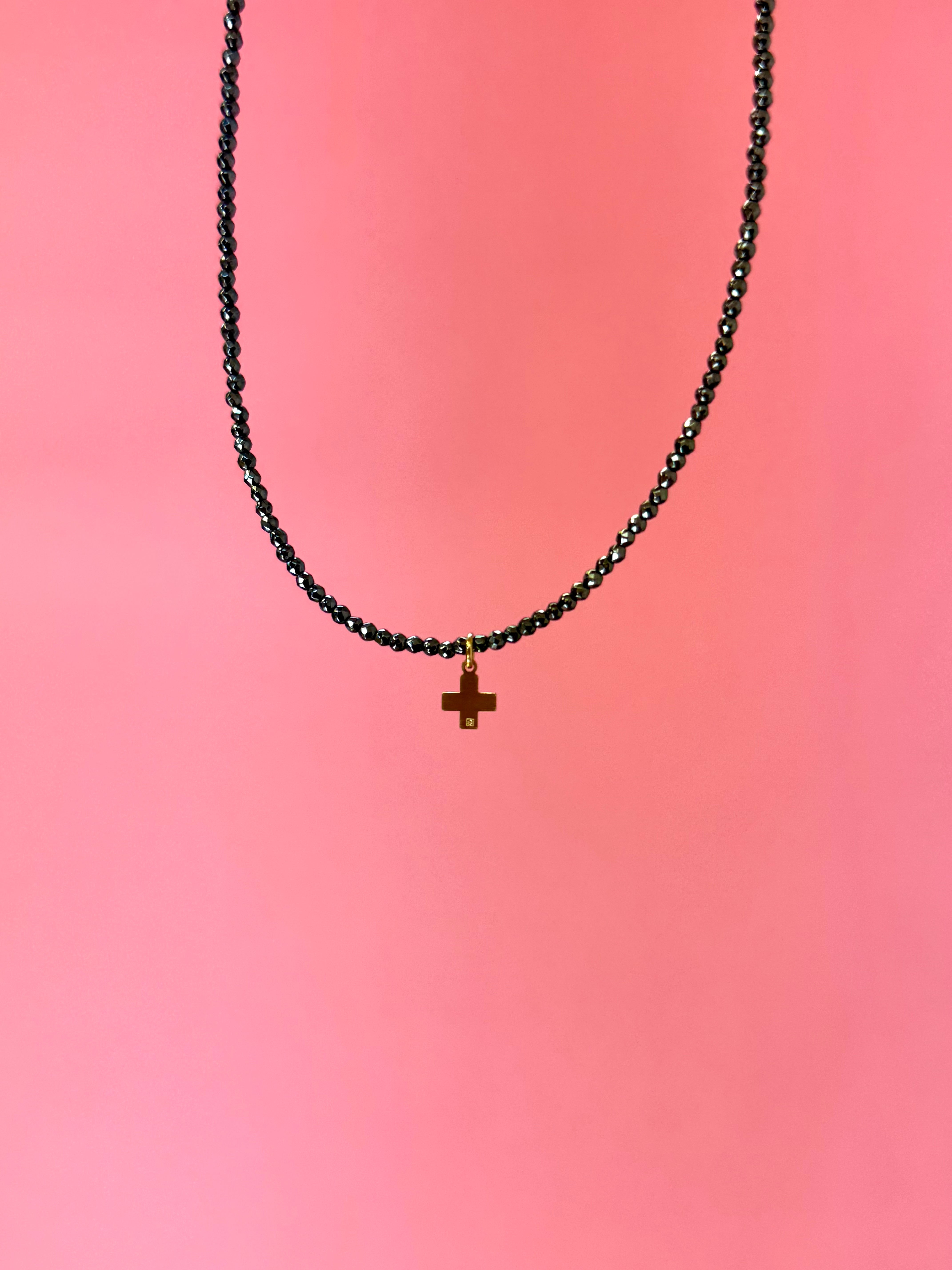 Faceted Hematite Choker Signature Cross Small Gold Charm-260 eNewton-eNewton-The Lovely Closet, Women's Fashion Boutique in Alexandria, KY