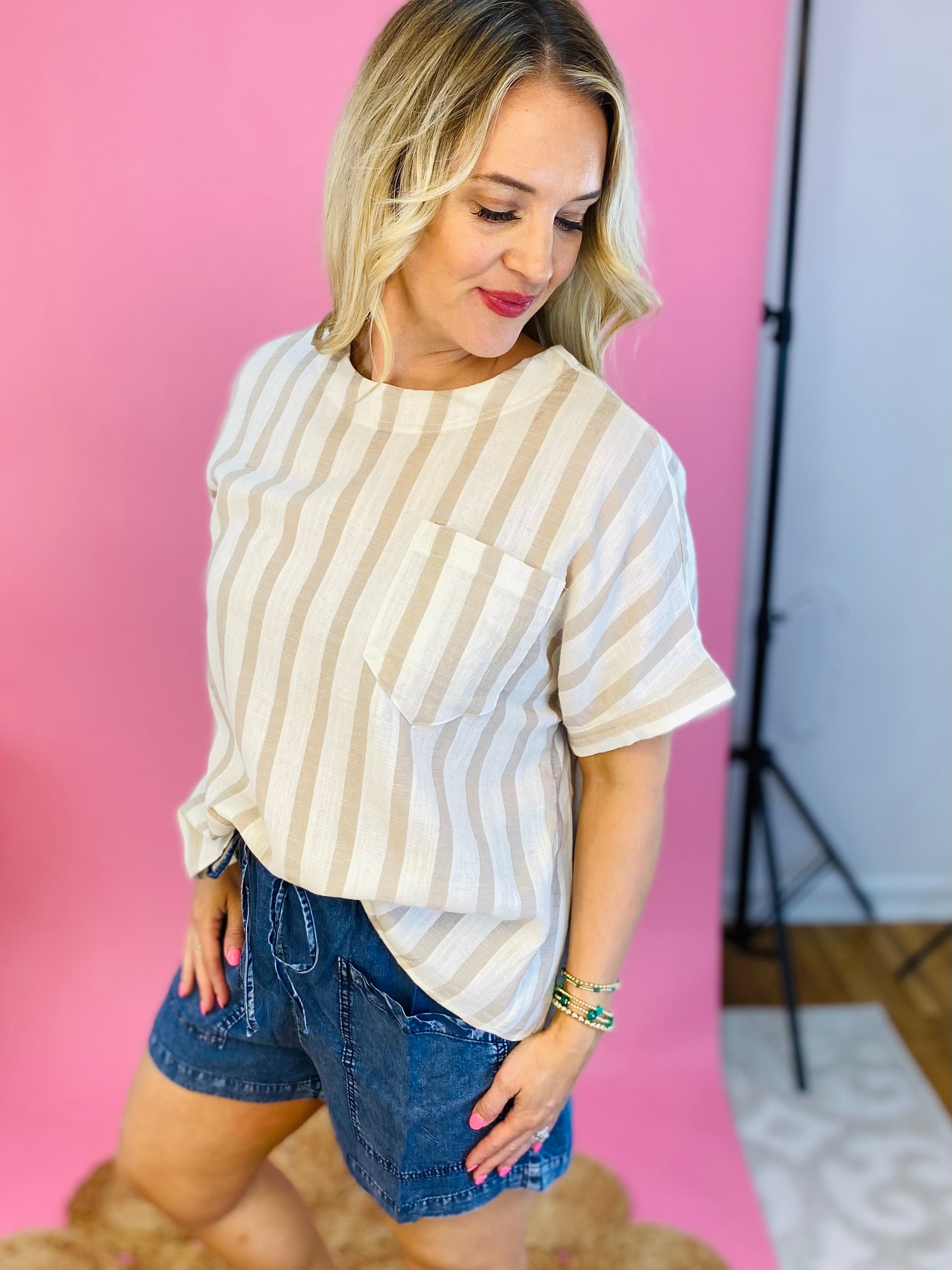 Where My Beaches At Top - Taupe Stripe-100 Short Sleeve Tops-eesome-The Lovely Closet, Women's Fashion Boutique in Alexandria, KY