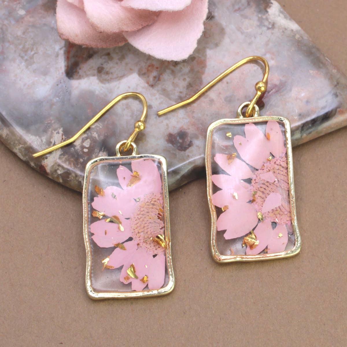 Pink Dried Flower Rectangle Gold Earrings-280 Accessories-ZAD-The Lovely Closet, Women's Fashion Boutique in Alexandria, KY