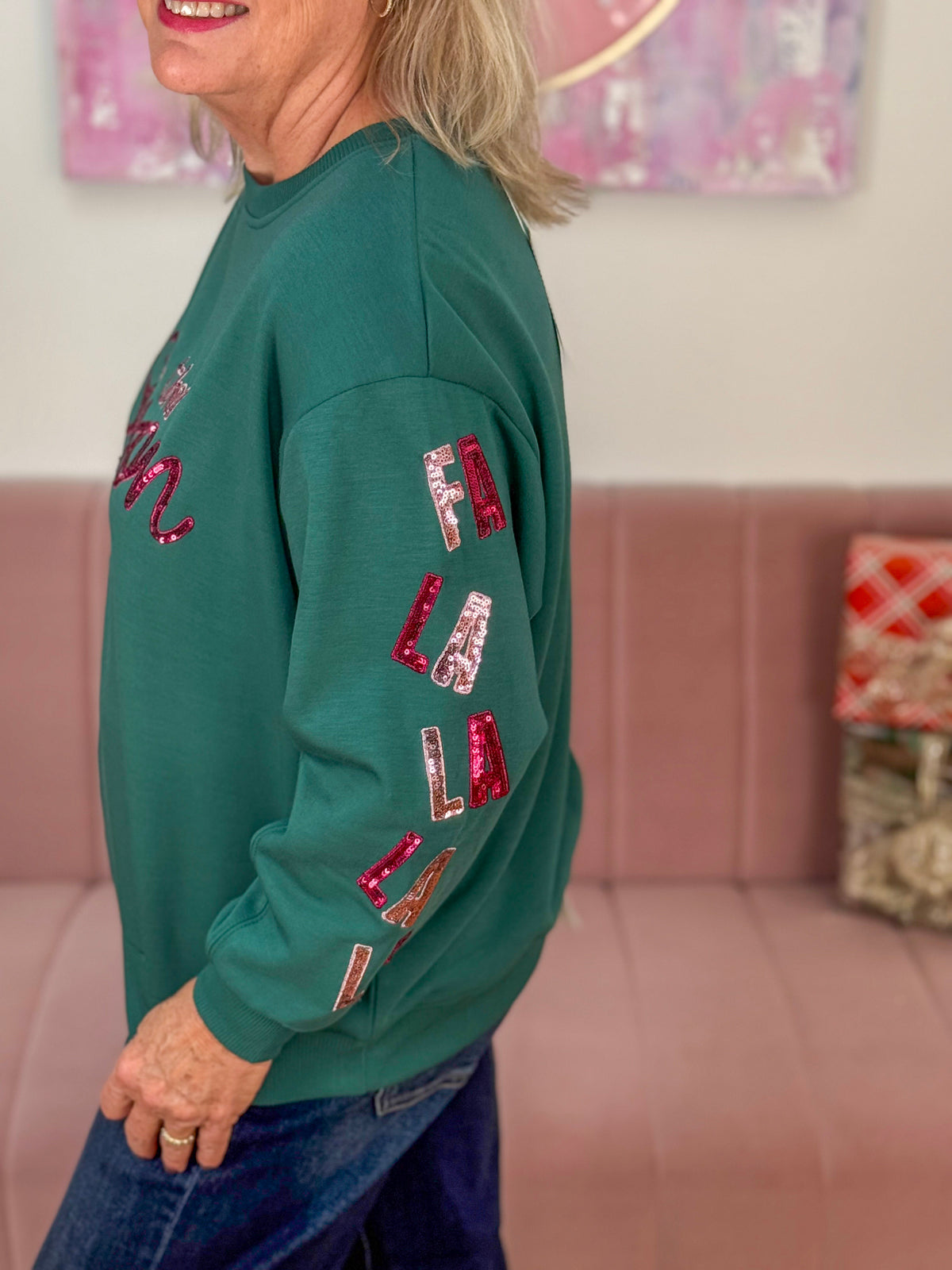 Sarah FaLaLa Season Sweatshirt-110 Long Sleeve Top-Mary square-The Lovely Closet, Women's Fashion Boutique in Alexandria, KY