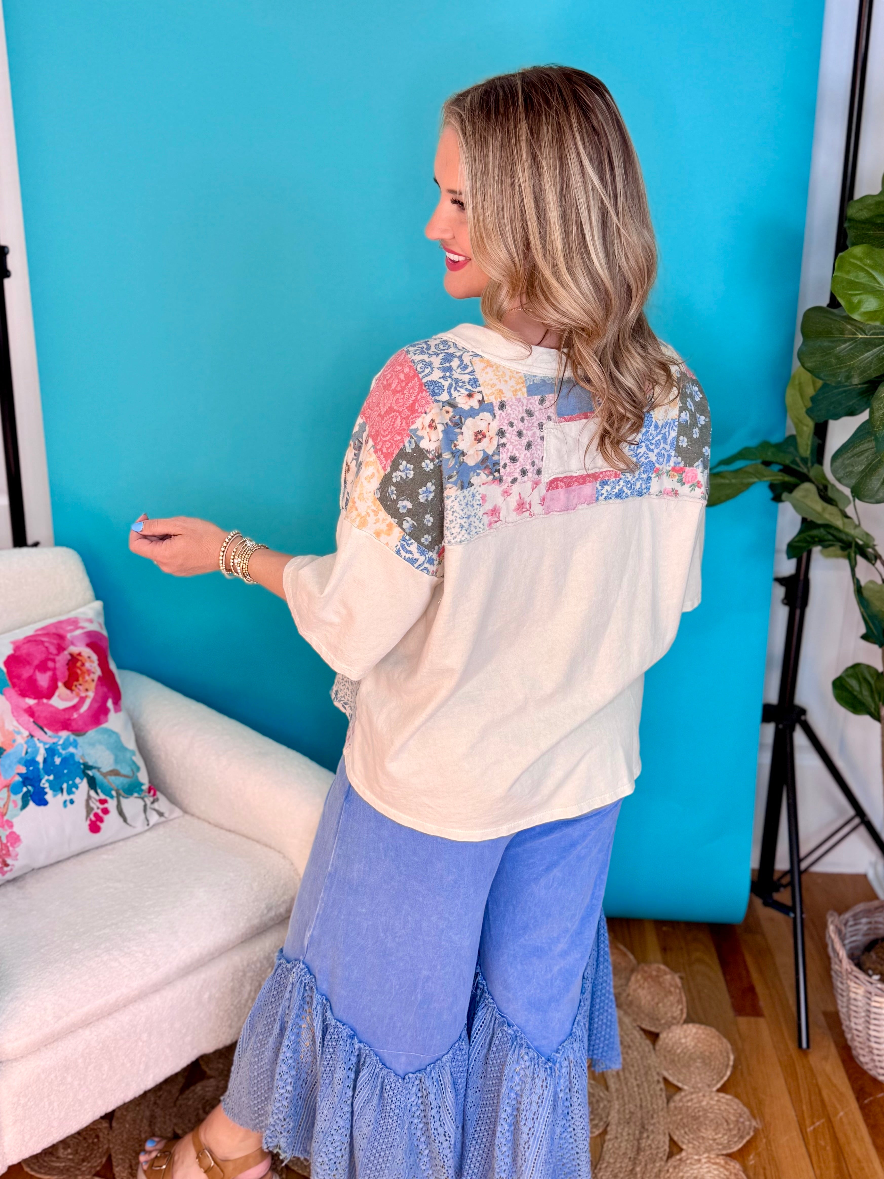 Mineral Washed Flower Print Top - Neutral-100 Short Sleeve Tops-J.Her-The Lovely Closet, Women's Fashion Boutique in Alexandria, KY