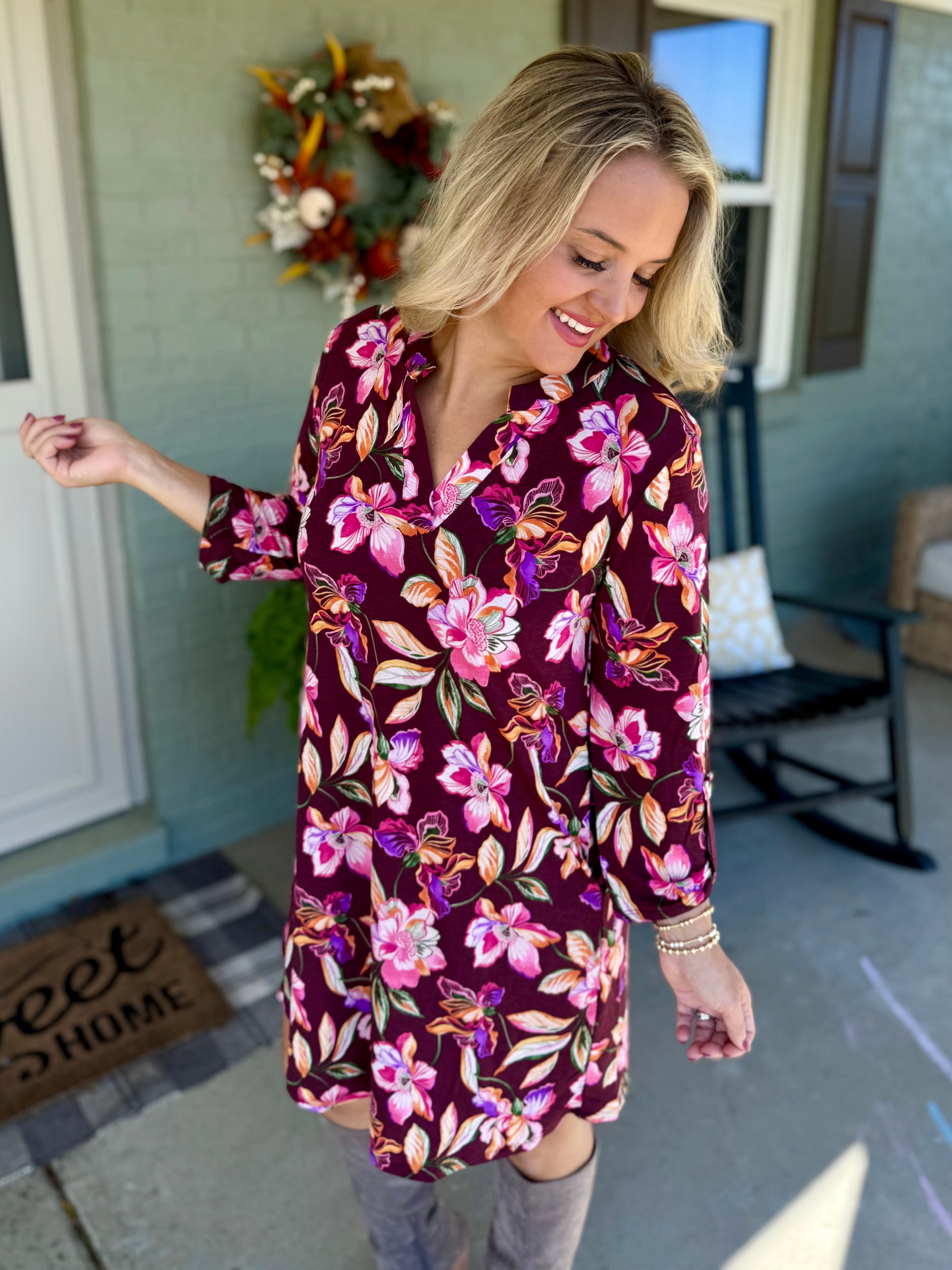 FINAL SALE - Everly Essential Dress - Deep Plum Floral Print-180 Dresses-Dear Scarlett-The Lovely Closet, Women's Fashion Boutique in Alexandria, KY