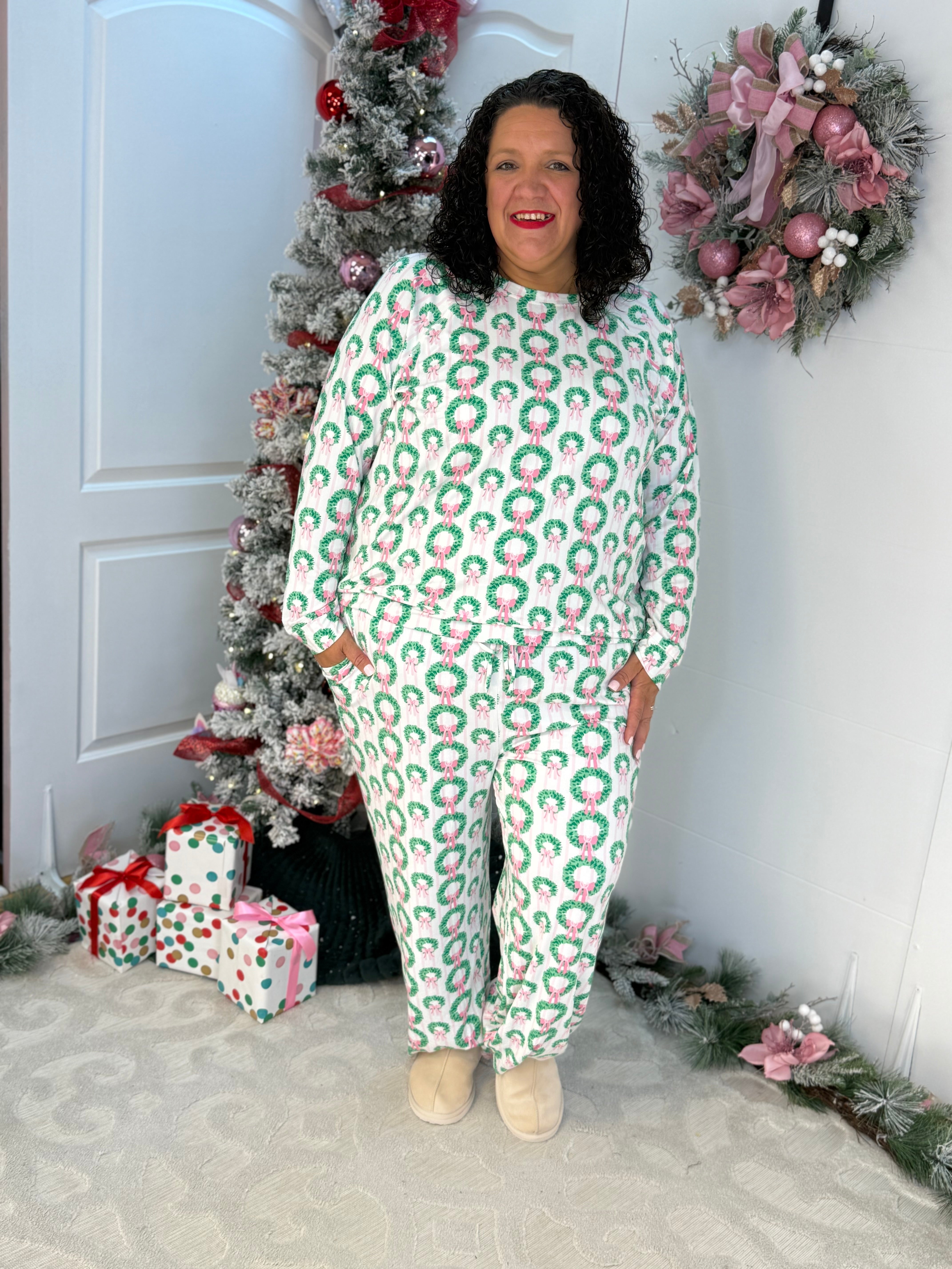 Mary Square Rosy Wreaths Annie Pant Set-350 Holiday-Mary Square-The Lovely Closet, Women's Fashion Boutique in Alexandria, KY