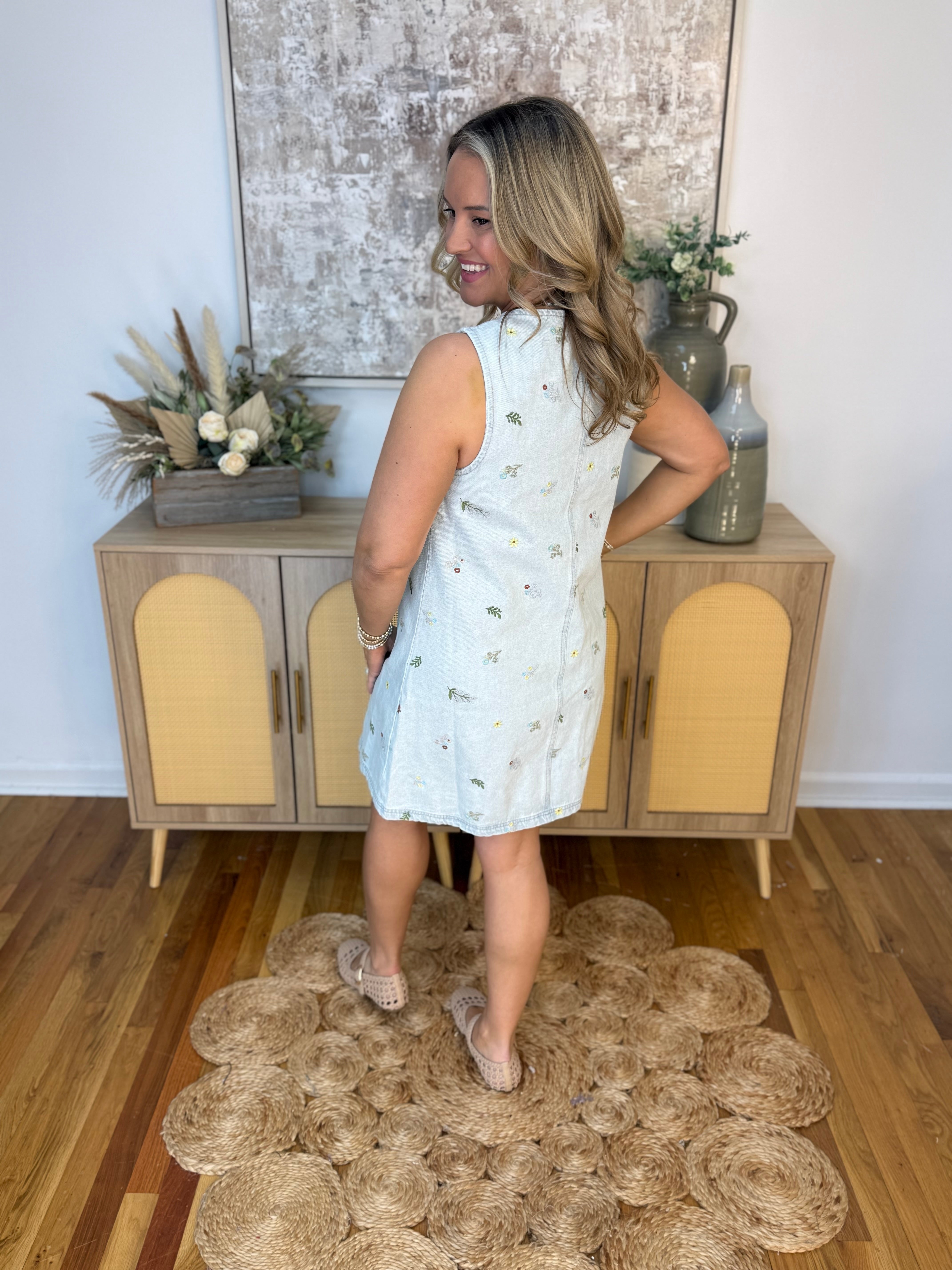 Fresh Picked Embroidered Denim Shift Dress-180 Dresses-Blu Pepper-The Lovely Closet, Women's Fashion Boutique in Alexandria, KY