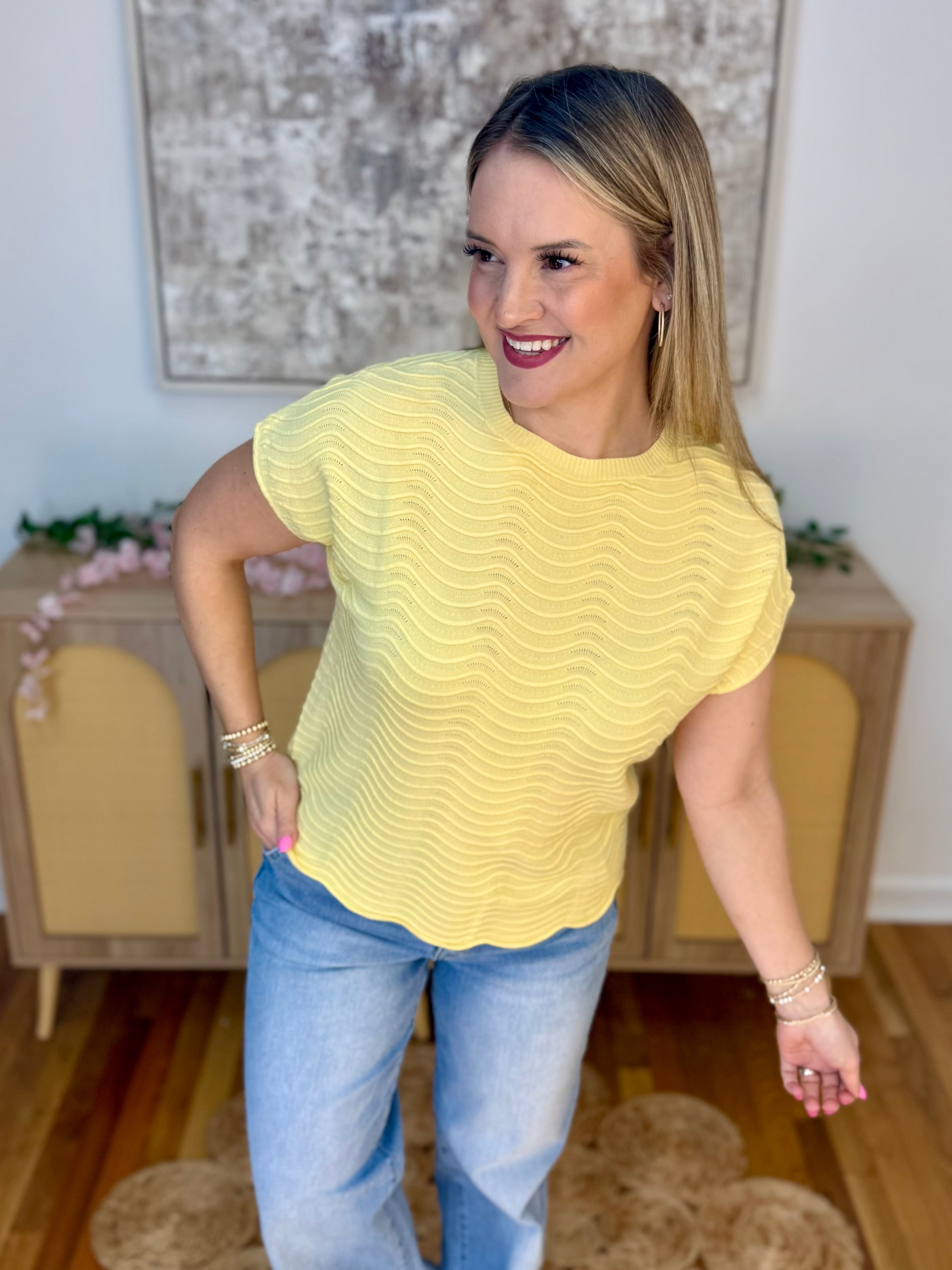 Feeling Refreshed Scalloped Edge Top - Butter Yellow-100 Short Sleeve Tops-Allie Rose-The Lovely Closet, Women's Fashion Boutique in Alexandria, KY