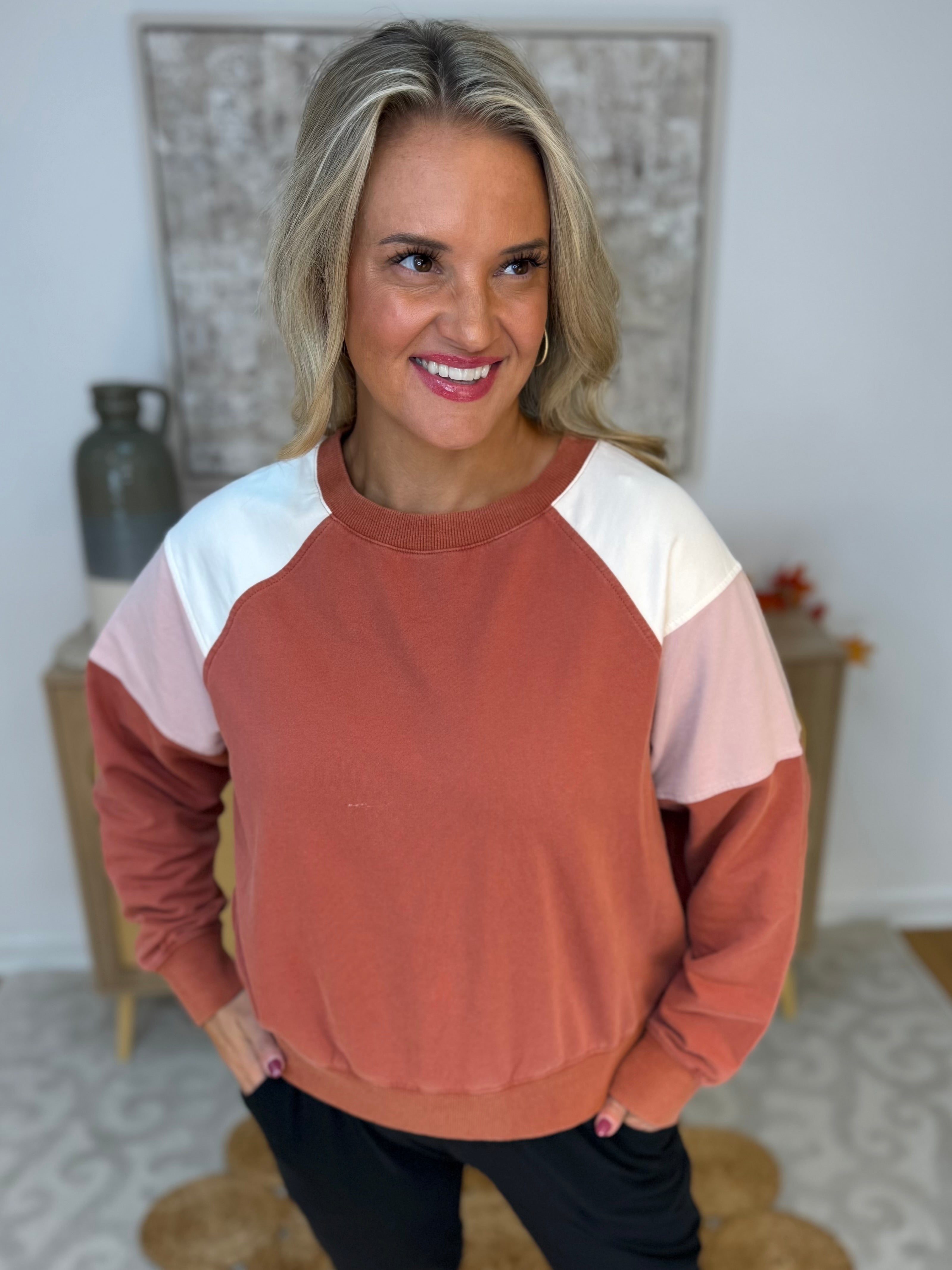 Washed Brick & Pink Pullover-110 Long Sleeve Top-White Birch-The Lovely Closet, Women's Fashion Boutique in Alexandria, KY