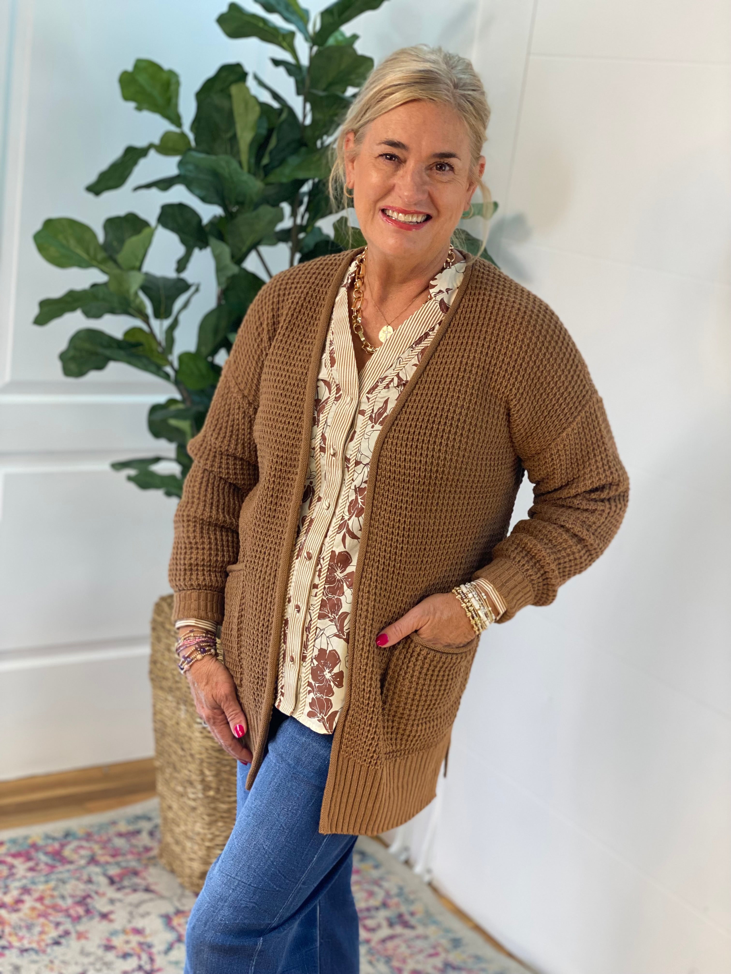 Waffle Knit Cardigan - Dark Camel-160 Cardigan/Kimonos-zenana-The Lovely Closet, Women's Fashion Boutique in Alexandria, KY