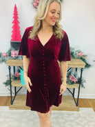 Red Velvet Knee Length Dress-180 Dresses-Vine & Love-The Lovely Closet, Women's Fashion Boutique in Alexandria, KY