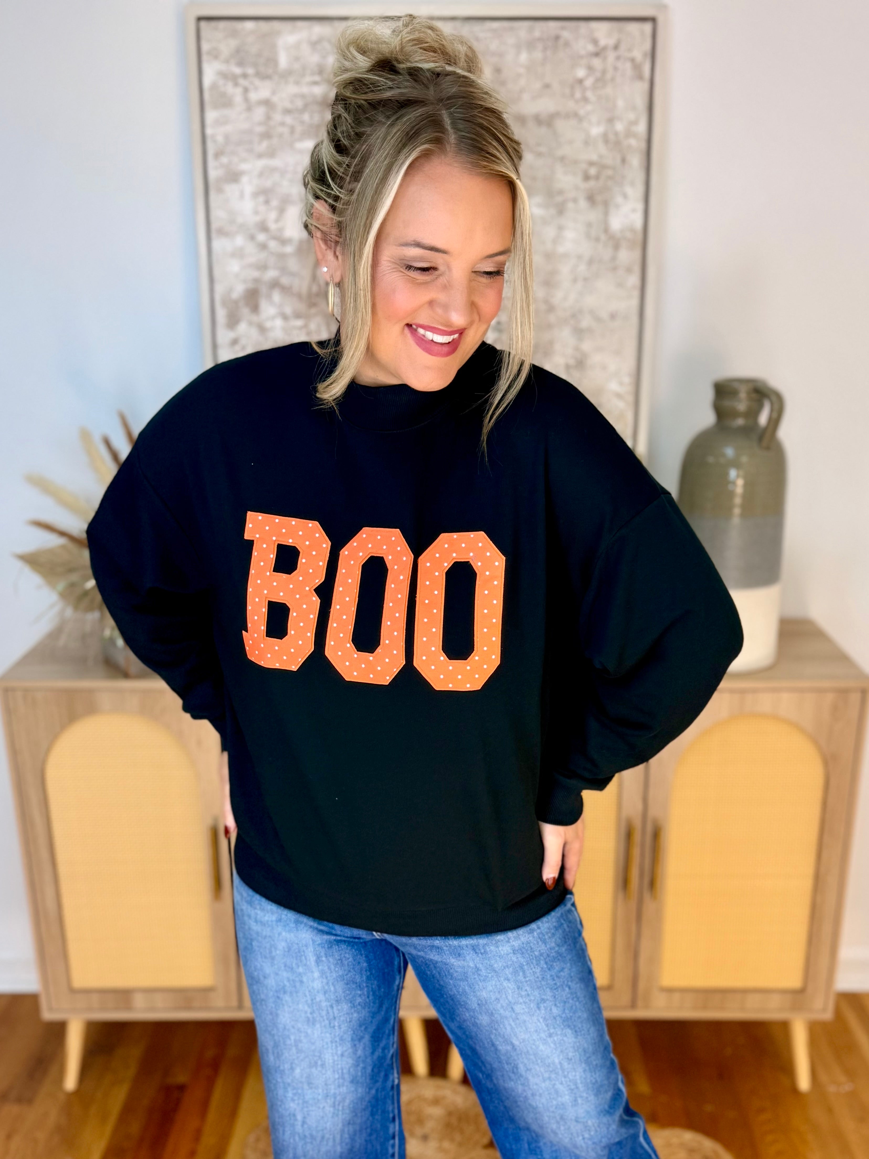 Boo Polka Dot Mock Neck Pullover-150 Sweatshirts-Kori America-The Lovely Closet, Women's Fashion Boutique in Alexandria, KY