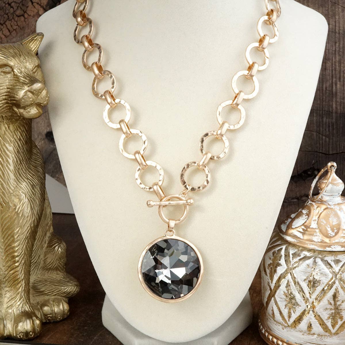 Gilded Radiance – Chunky Ring Chain Necklace with Sparkly Crystal: Gray-250 Jewelry-PennyLine inc-The Lovely Closet, Women's Fashion Boutique in Alexandria, KY