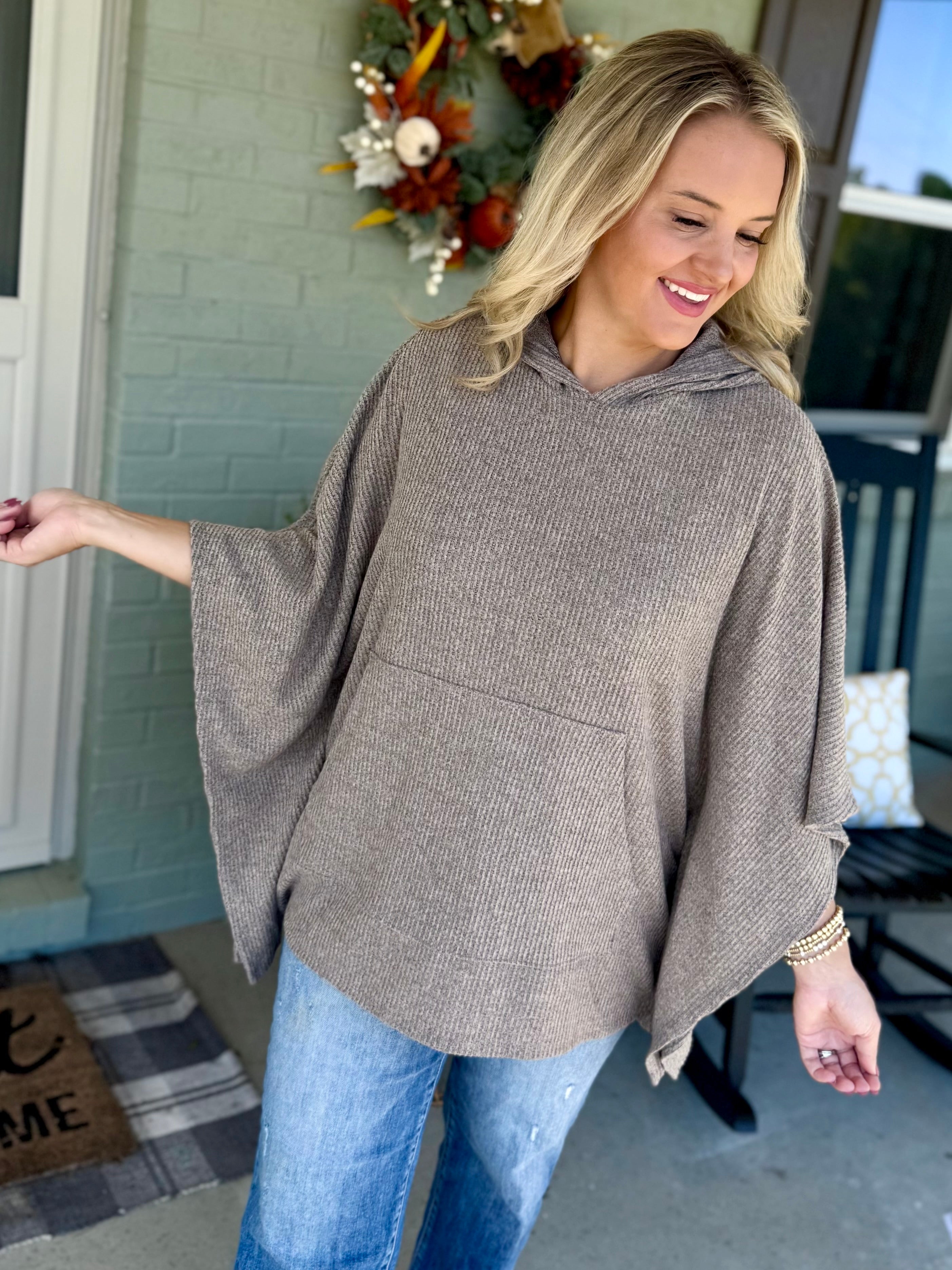 Ribbed Knit Poncho Top - Stone-170 Jackets/Outerwear-Dear Scarlett-The Lovely Closet, Women's Fashion Boutique in Alexandria, KY