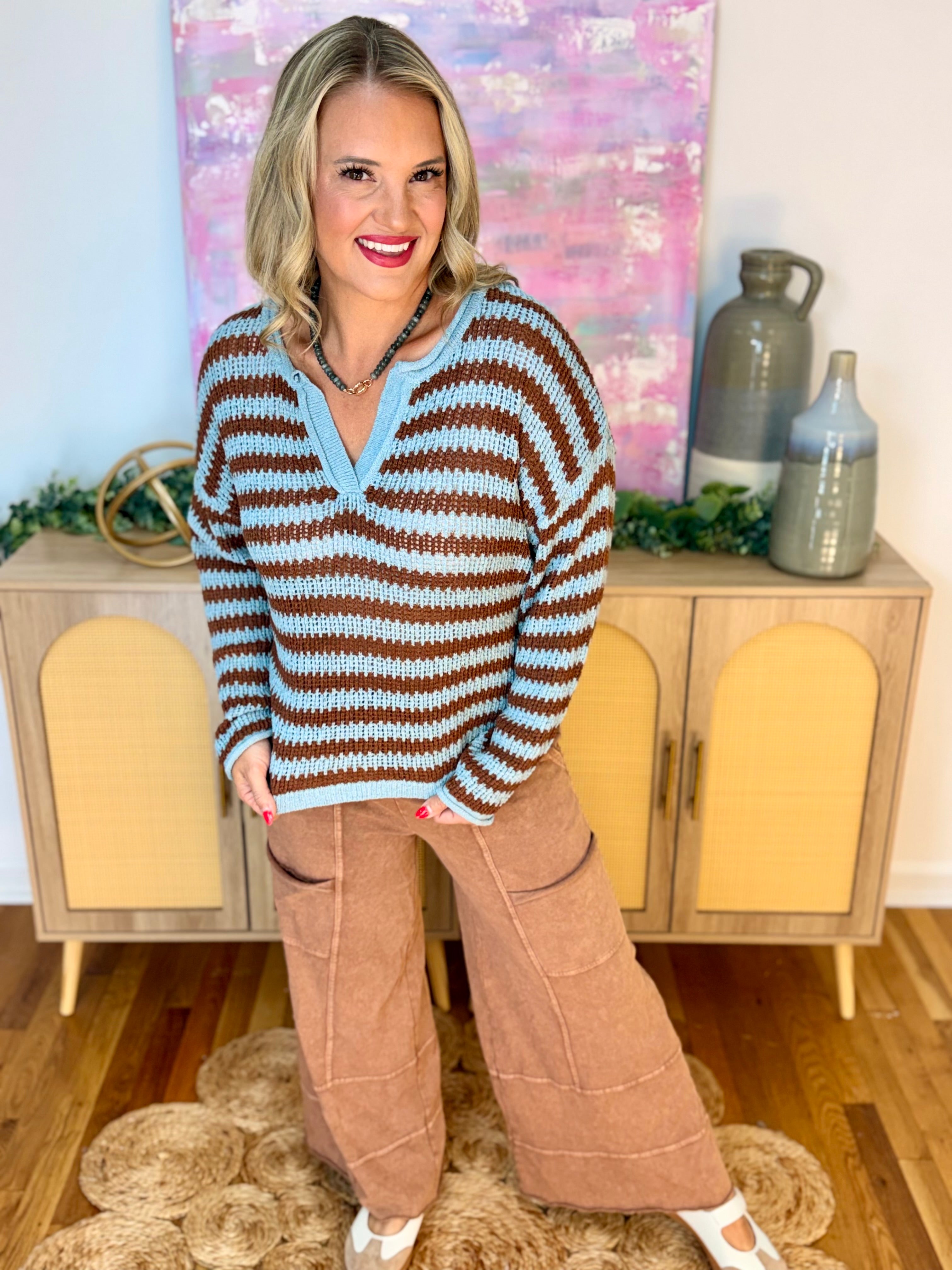 Scenic Route Sweater - Lt. Blue/Brown-110 Long Sleeve Top-Blu Pepper-The Lovely Closet, Women's Fashion Boutique in Alexandria, KY