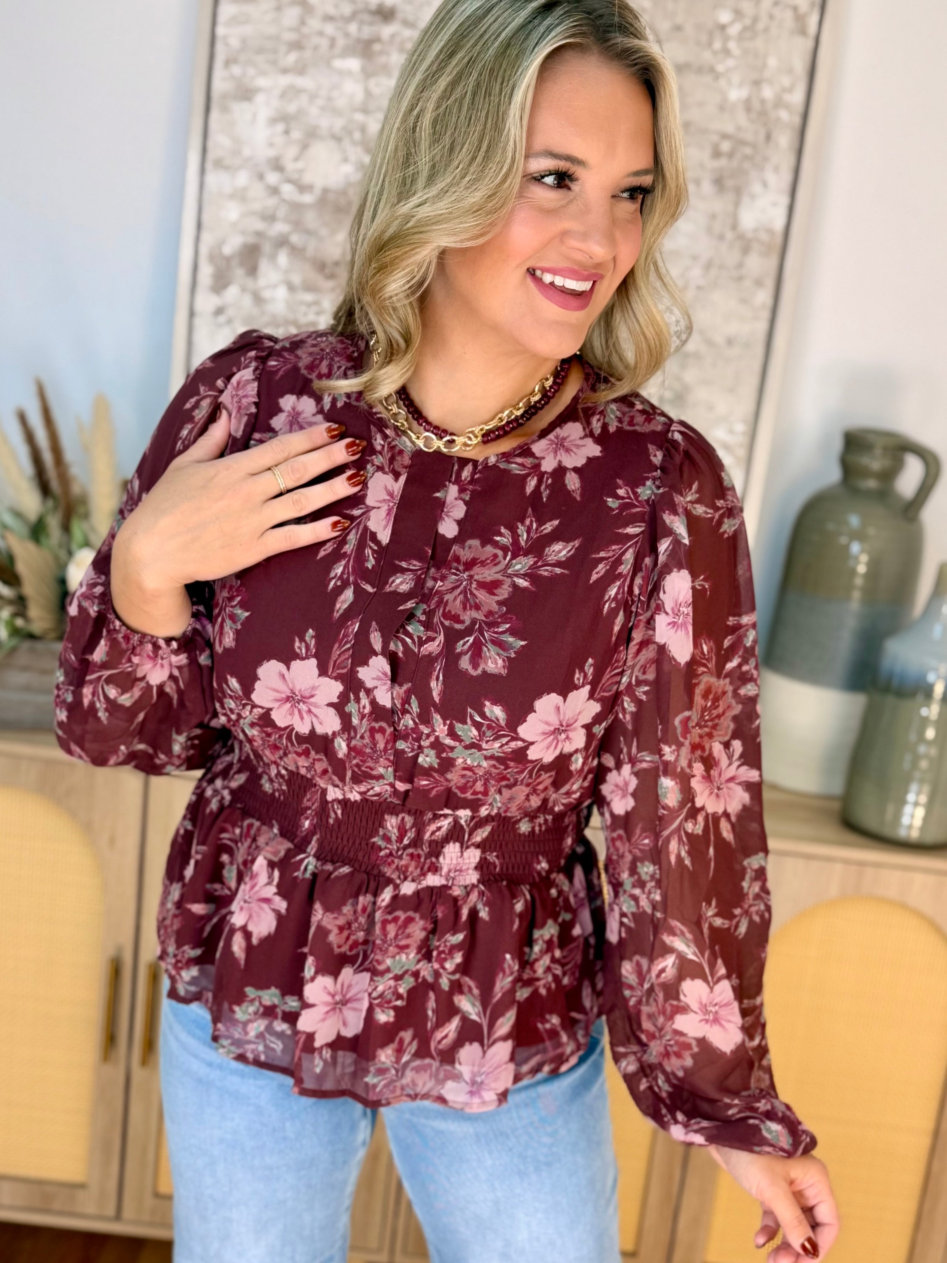 Cabernet Crush Blouse-110 Long Sleeve Top-She + Sky-The Lovely Closet, Women's Fashion Boutique in Alexandria, KY