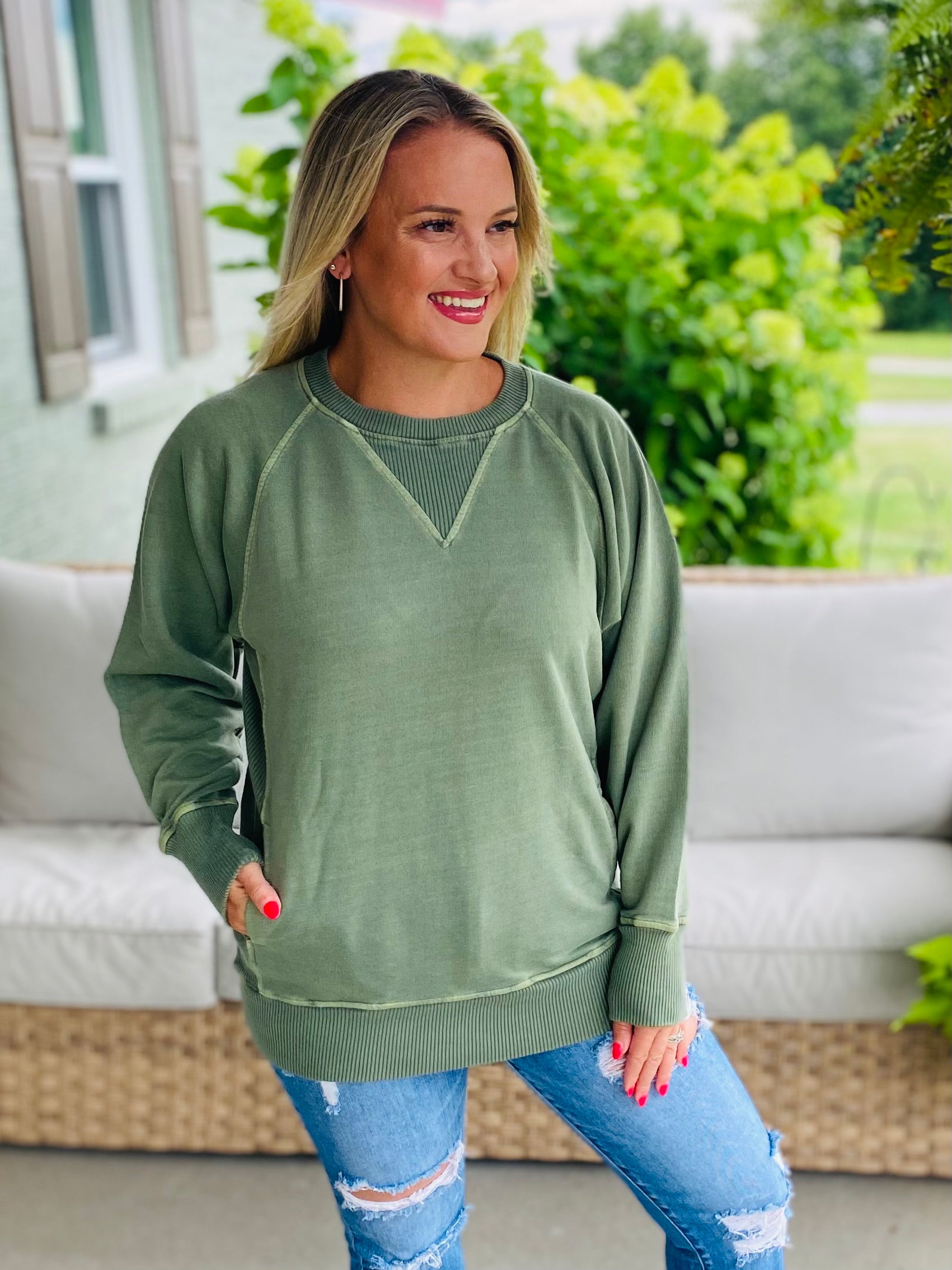 Keeping it Casual Pullover 2025 - Olive-150 Sweatshirts-zenana-The Lovely Closet, Women's Fashion Boutique in Alexandria, KY